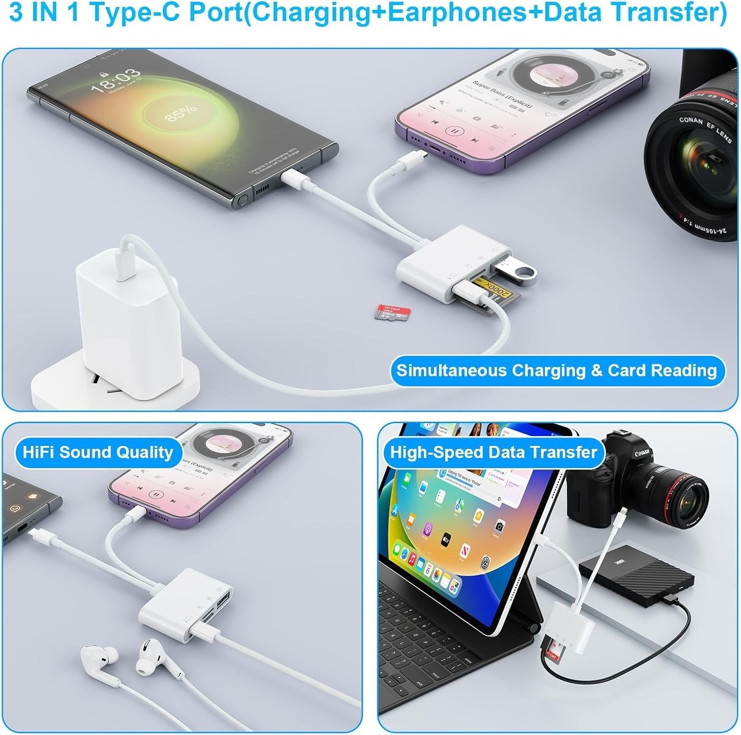 NÖRDIC USB-C, Lightning-kortlæser 2 SD-slot, MicroSD 1xUSB-A, 1xUSB-C UHS-I