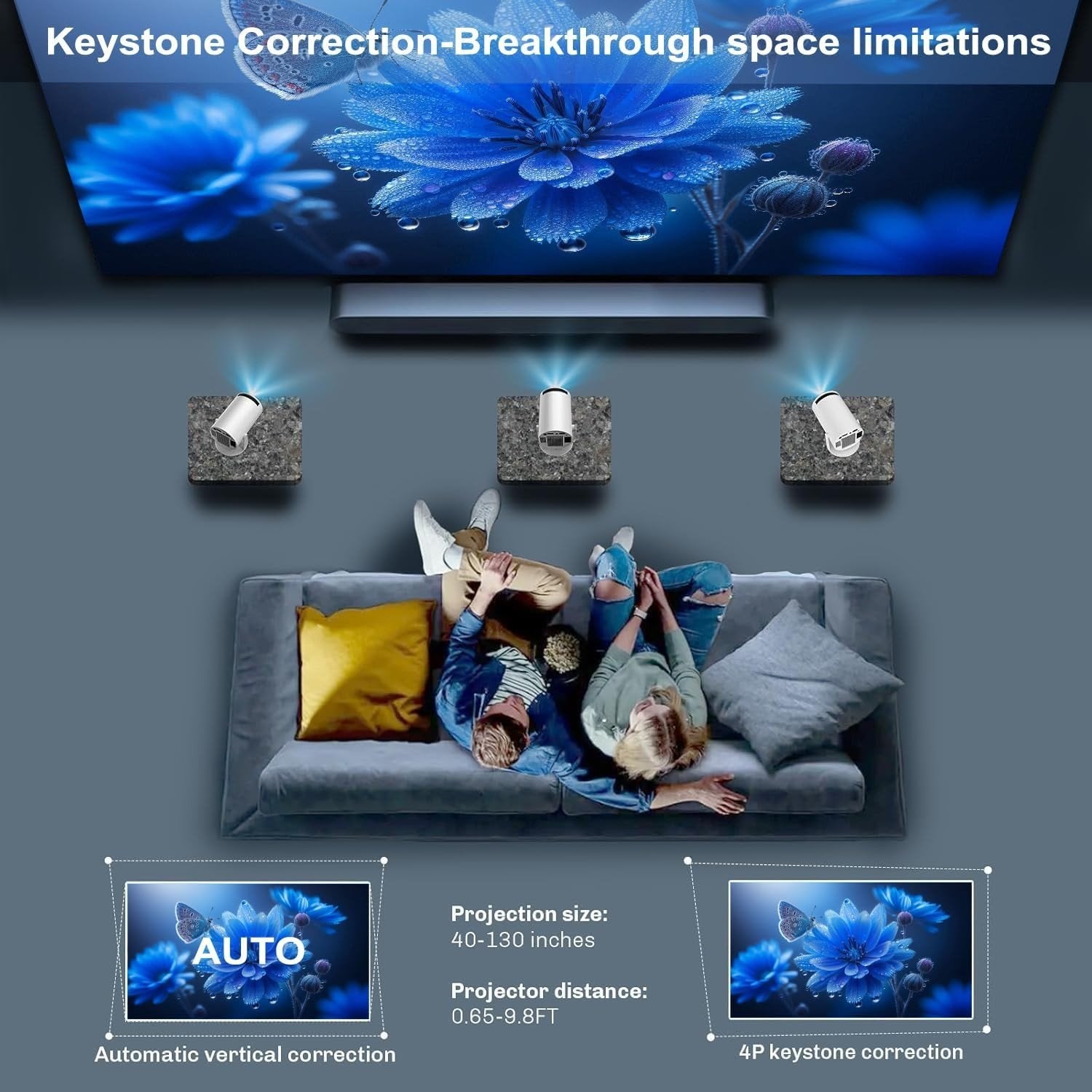 NÖRDIC Mini Portable Projector – 720p HD-understøttelse, Android 11, WiFi 6, BT 5.0, 180° rotation, hjemmebiografprojektor