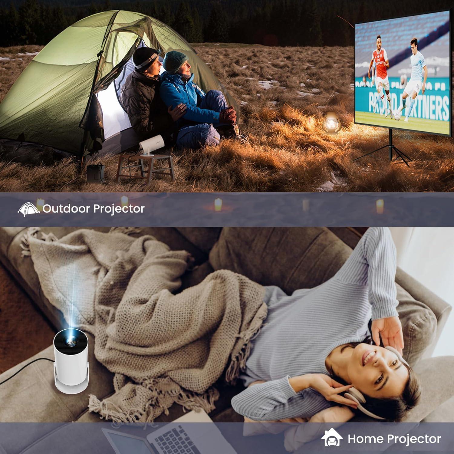 NÖRDIC Mini Portable Projector – 720p HD-understøttelse, Android 11, WiFi 6, BT 5.0, 180° rotation, hjemmebiografprojektor