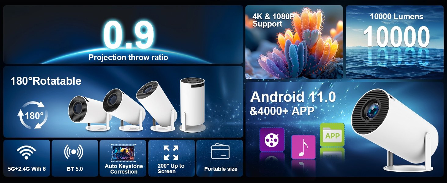 NÖRDIC Mini Portable Projector – 720p HD-understøttelse, Android 11, WiFi 6, BT 5.0, 180° rotation, hjemmebiografprojektor