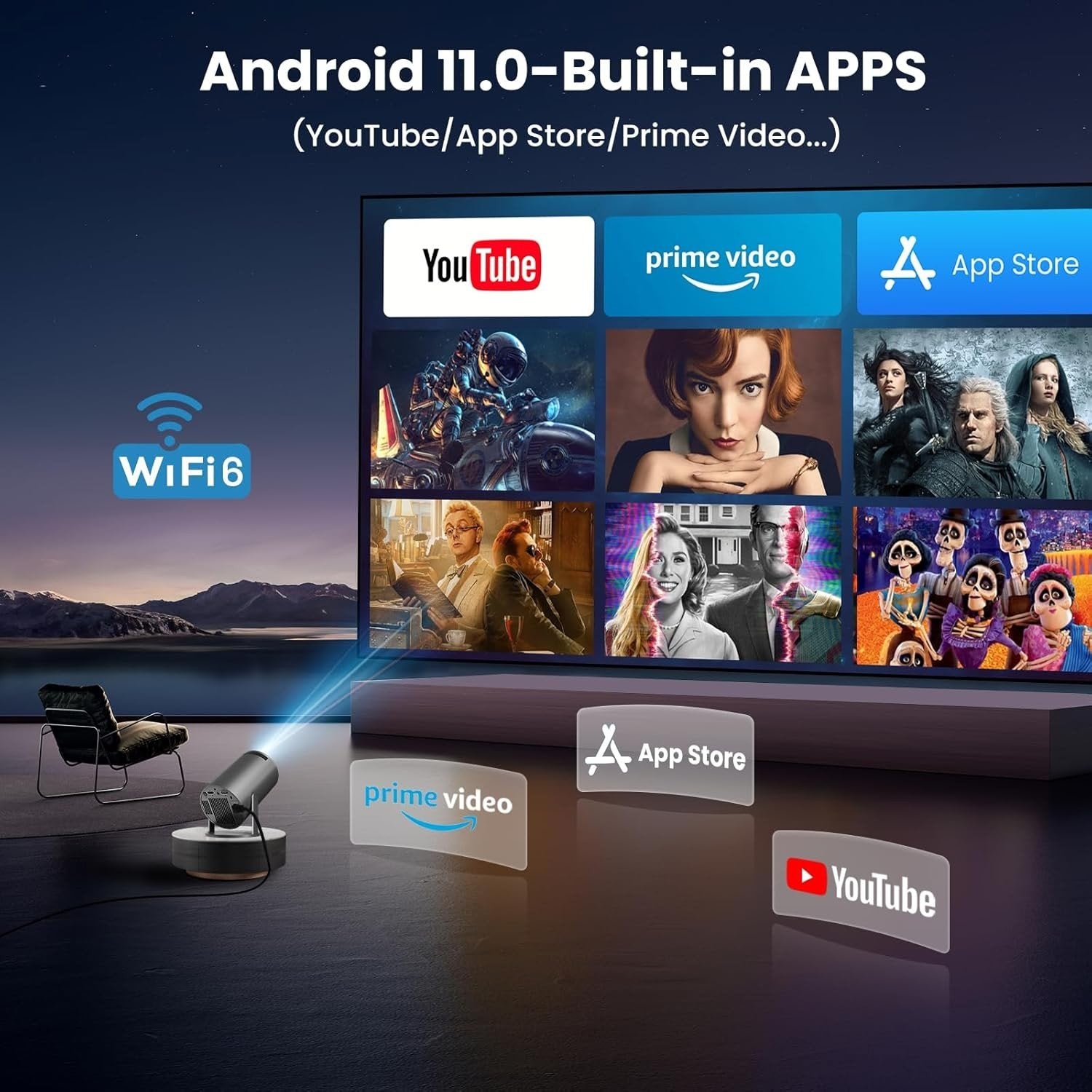 NÖRDIC Mini Portable Projector – 720p HD-understøttelse, Android 11, WiFi 6, BT 5.0, 180° rotation, hjemmebiografprojektor