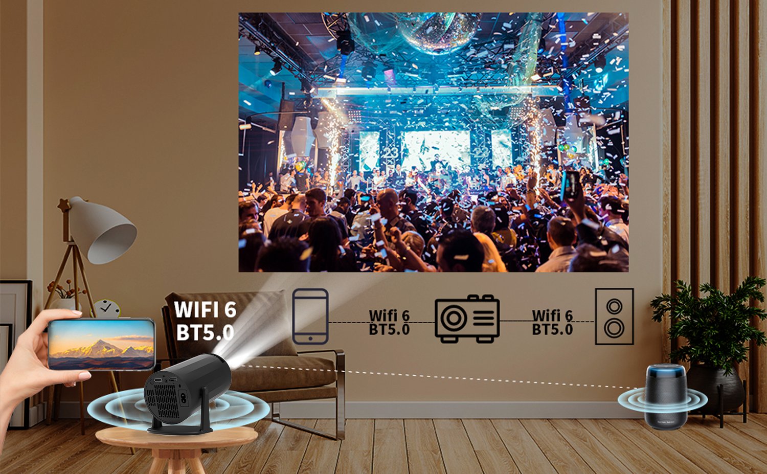 NÖRDIC Mini Portable Projector – 720p HD-understøttelse, Android 11, WiFi 6, BT 5.0, 180° rotation, hjemmebiografprojektor