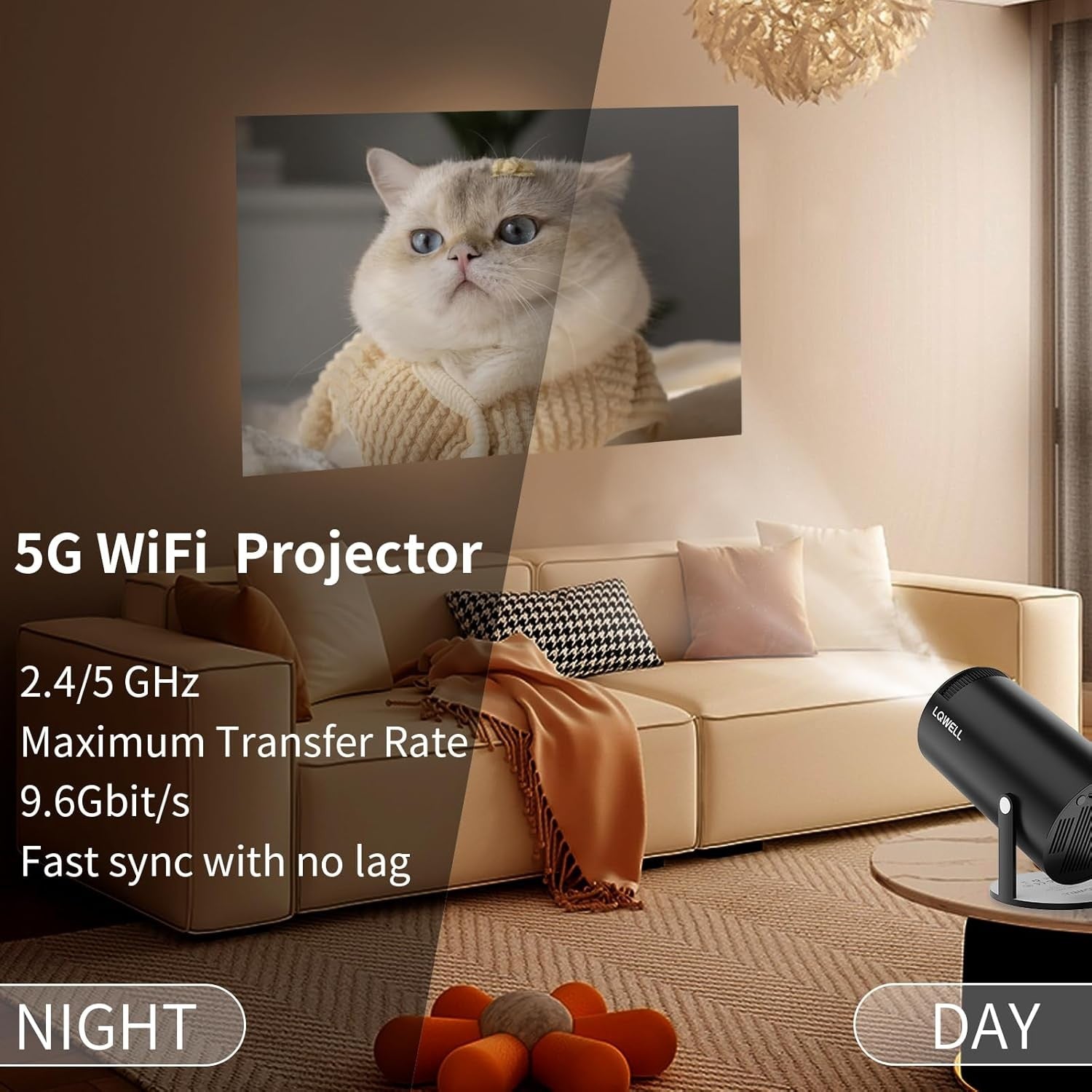 NÖRDIC Mini Portable Projector – 720p HD-understøttelse, Android 11, WiFi 6, BT 5.0, 180° rotation, hjemmebiografprojektor