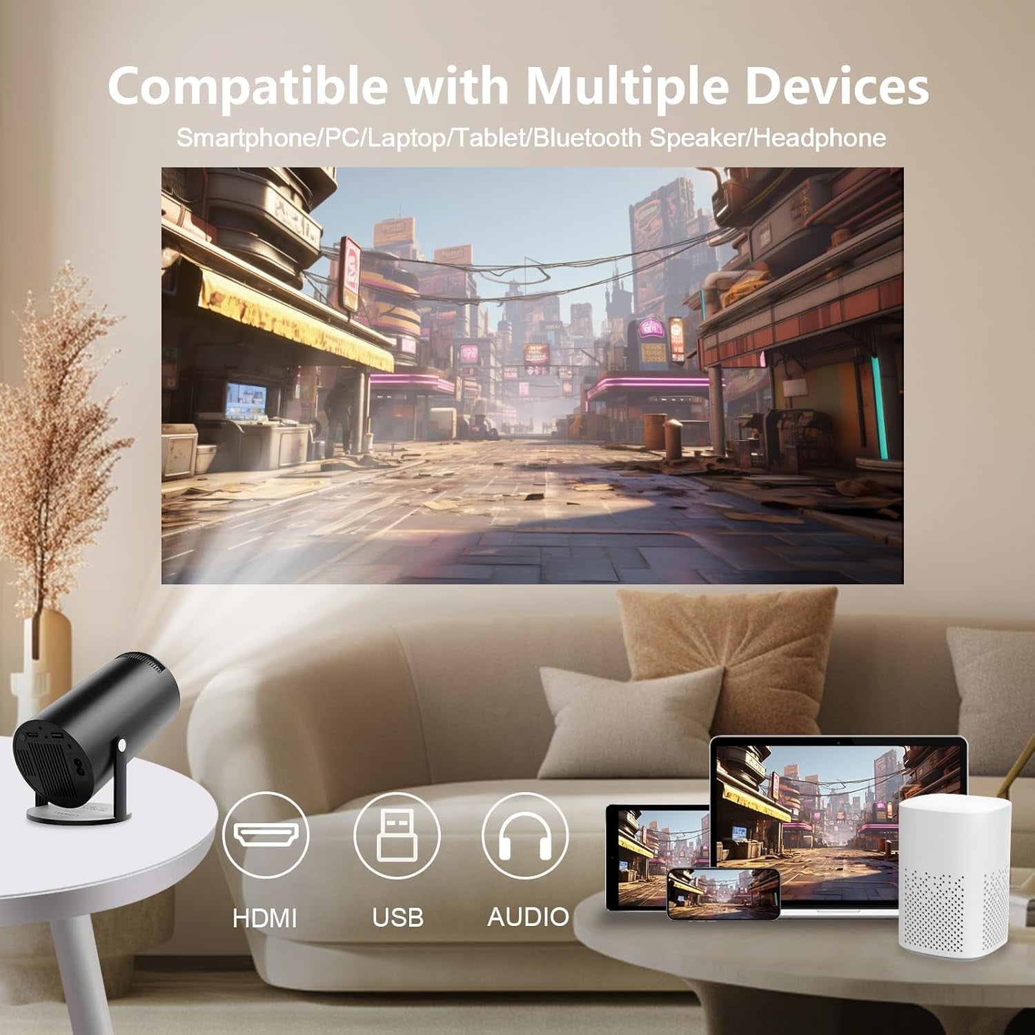 NÖRDIC Mini Portable Projector – 720p HD-understøttelse, Android 11, WiFi 6, BT 5.0, 180° rotation, hjemmebiografprojektor