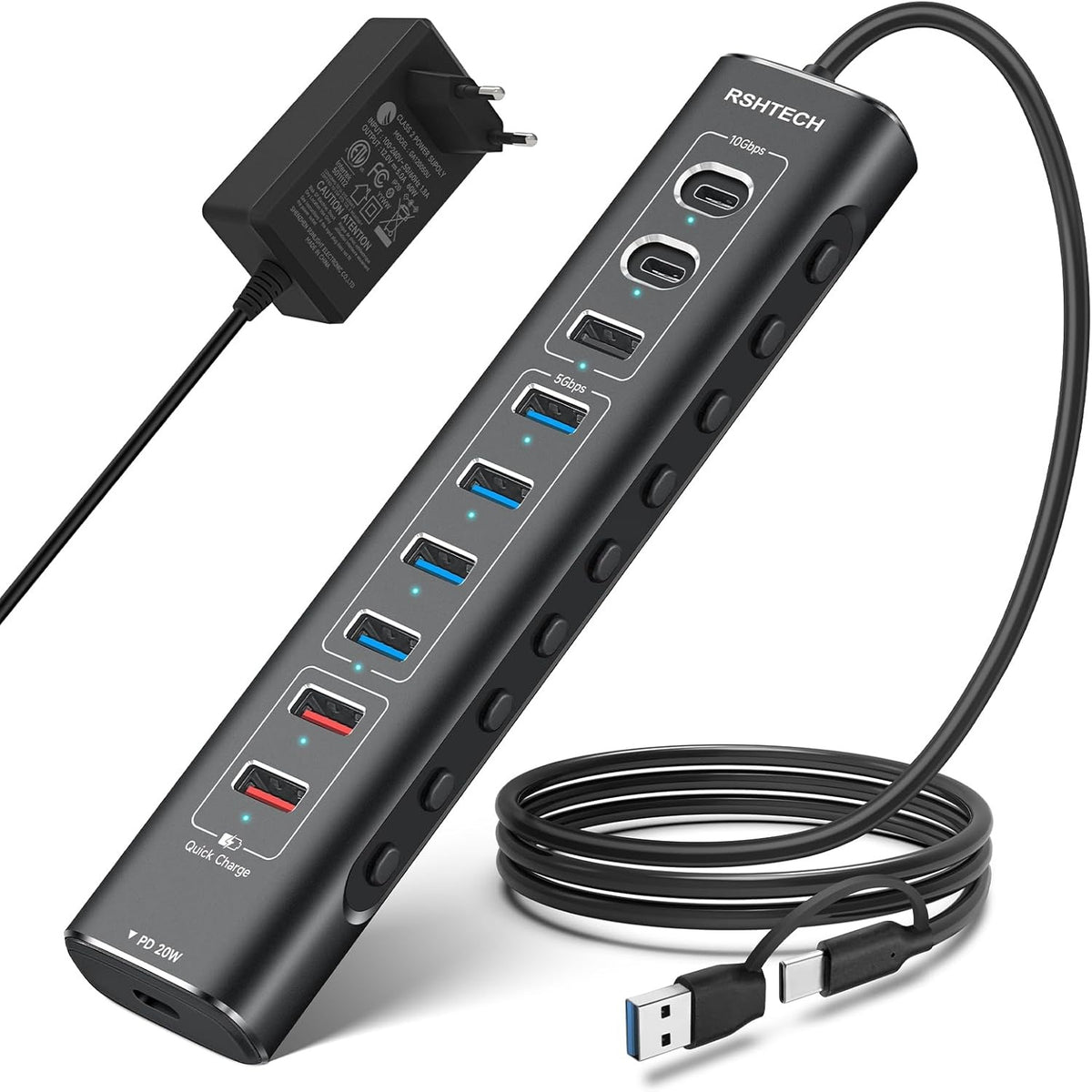 NÖRDIC Powered 10-ports USB-C & A Hub, 3x10G USB-A og USB-C USB3.2 GEN2, 4x5G USB-A USB3.2 GEN1, 1xUSB-C 20W PD, 2xUSB-A opladning med individuel switch