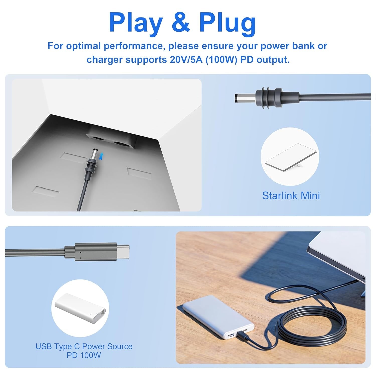 Starlink Mini-kabel 2 m USB-C til DC Vandtæt 100W Indgang Udendørs Camping Rejse Arbejde