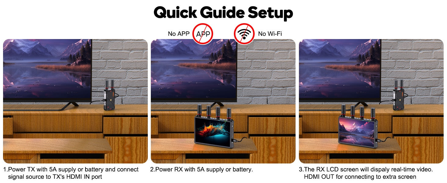 NÖRDIC Trådløs Bærbar 7" skærm, video sender og modtager, 2.4G/5.0G, 4k HDMI INPUT / 1080p OUTPUT, 400m