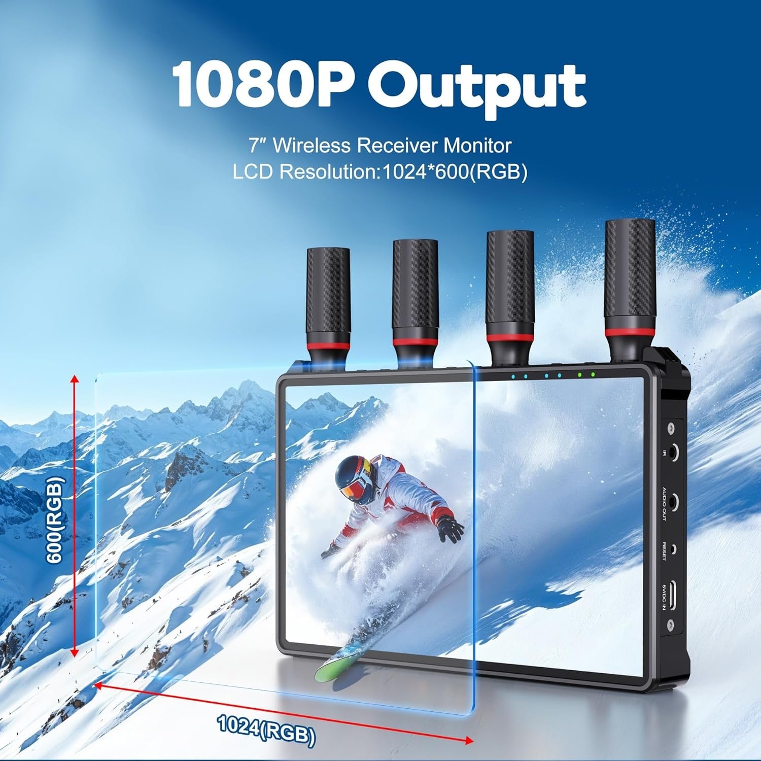 NÖRDIC Trådløs Bærbar 7" skærm, video sender og modtager, 2.4G/5.0G, 4k HDMI INPUT / 1080p OUTPUT, 400m