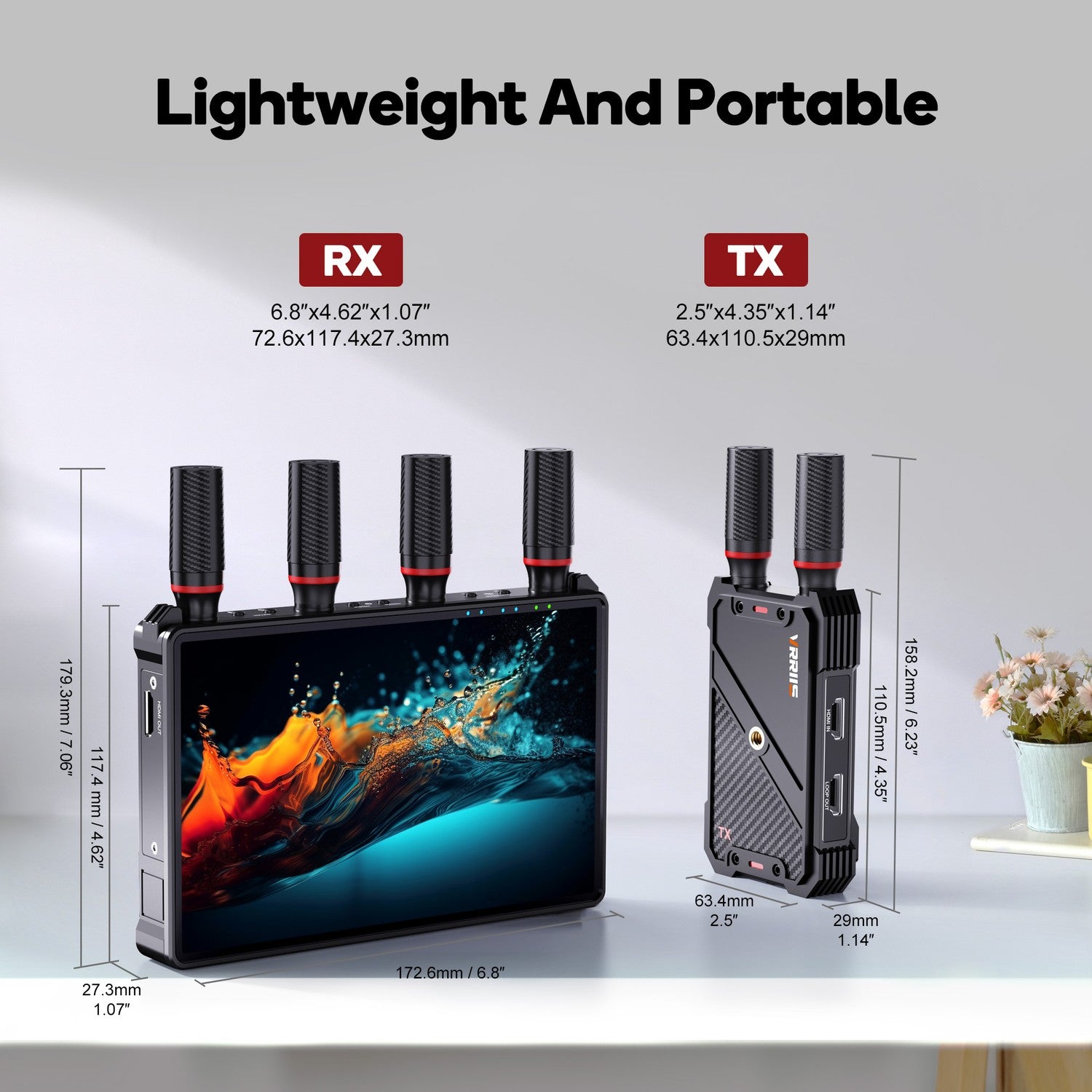 NÖRDIC Trådløs Bærbar 7" skærm, video sender og modtager, 2.4G/5.0G, 4k HDMI INPUT / 1080p OUTPUT, 400m