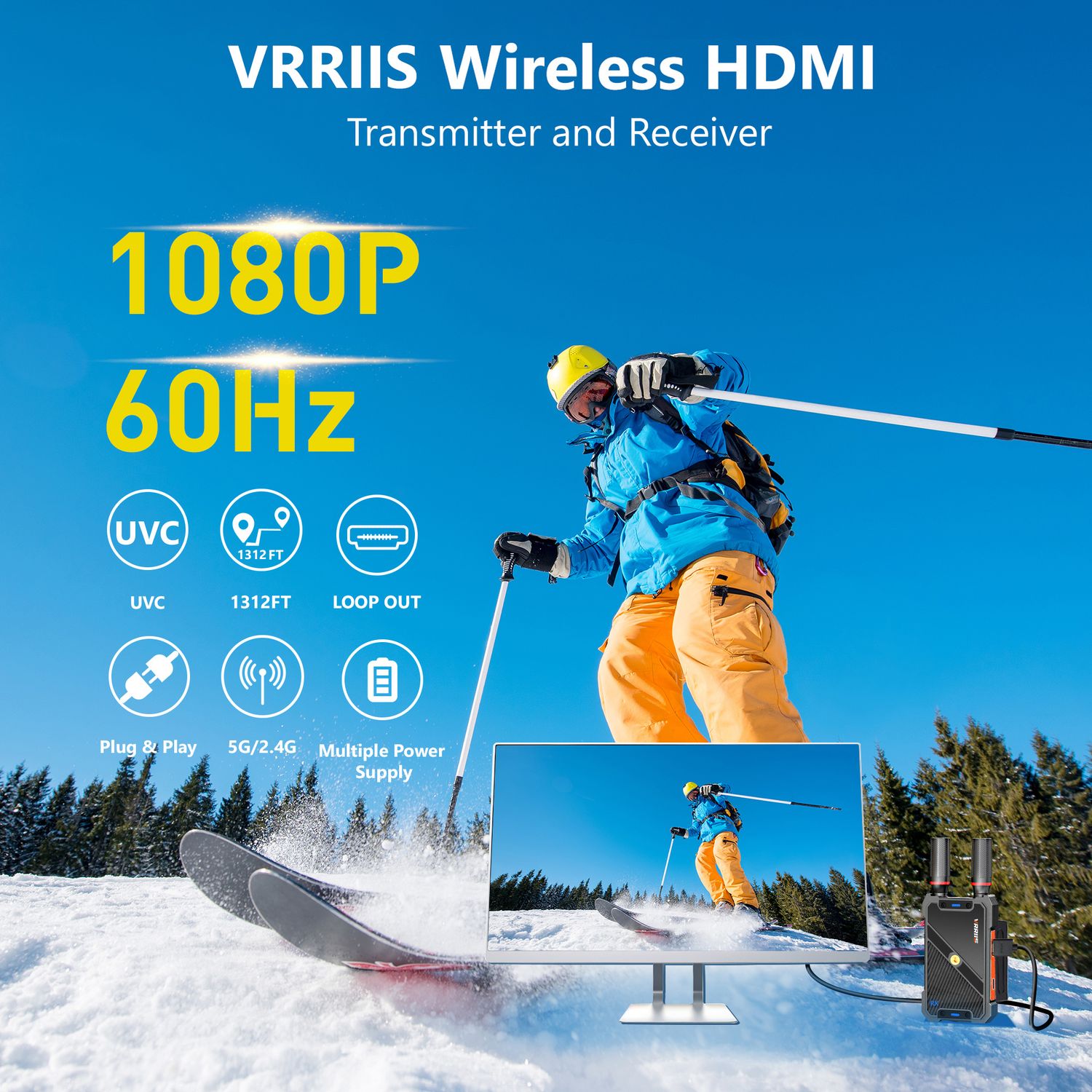 NÖRDIC Trådløs HDMI Sender og Modtager, 1080P Full HD Trådløst Video-overføringssystem med Loop Out, 400m