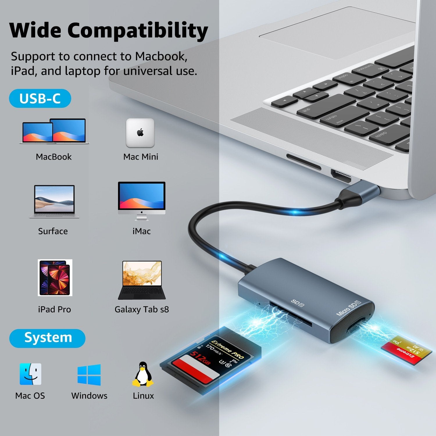 NÖRDIC USB-C 3.0 Kortlæser 2 porte SD3.0, MicroSD3.0 UHS-I