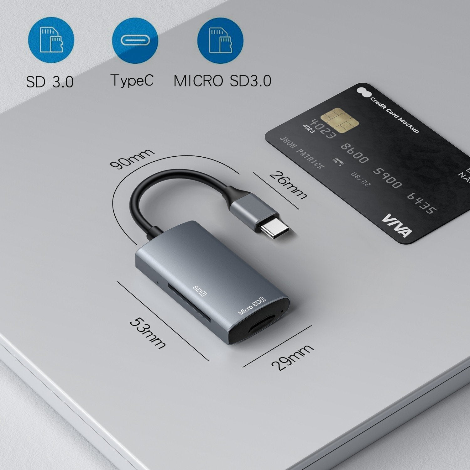 NÖRDIC USB-C 3.0 Kortlæser 2 porte SD3.0, MicroSD3.0 UHS-I