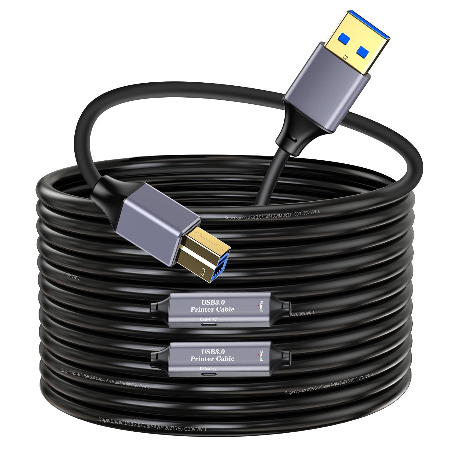 NÖRDIC USB 3.0 Aktiv Printerkabel - 15m USB A til USB B 3.0 Kompatibel med printer, konferencerkamera, dockingstation, harddisk og mere