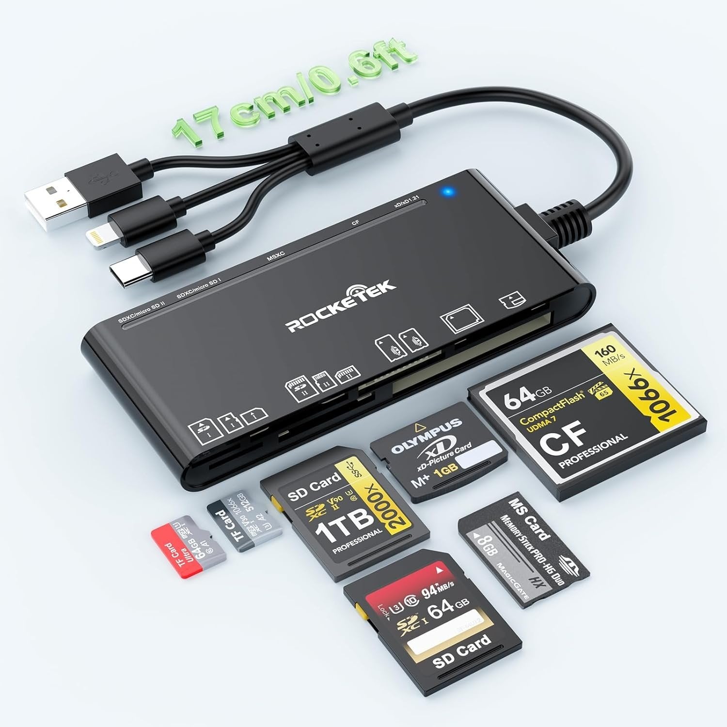NÖRDIC USB-A, USB-C, Lightning USB3.0 Multi-kortlæser 7 Slot 1xCF, 2xSD, 2xMicroSD, 1xMS, 1xXD UHS-I