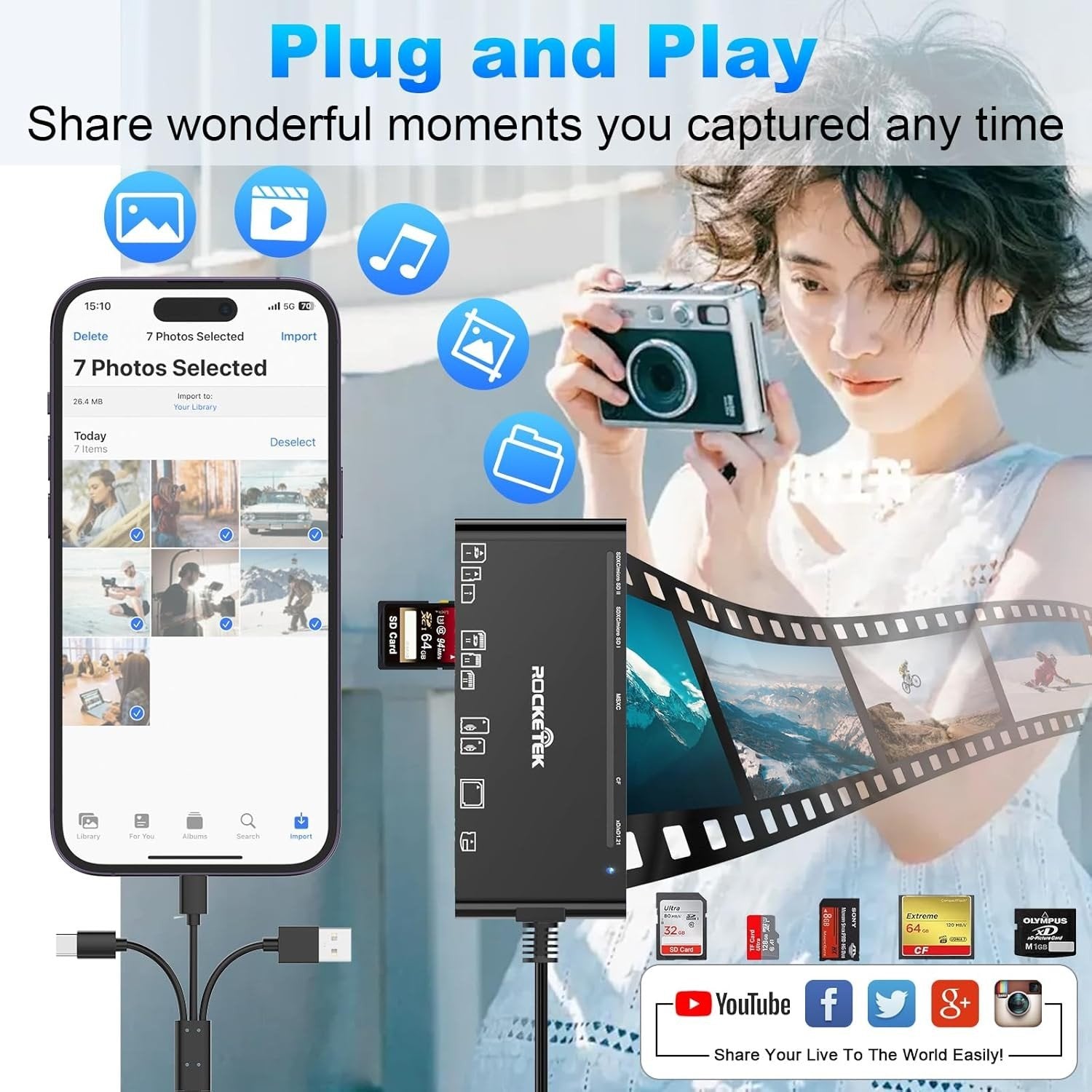 NÖRDIC USB-A, USB-C, Lightning USB3.0 Multi-kortlæser 7 Slot 1xCF, 2xSD, 2xMicroSD, 1xMS, 1xXD UHS-I