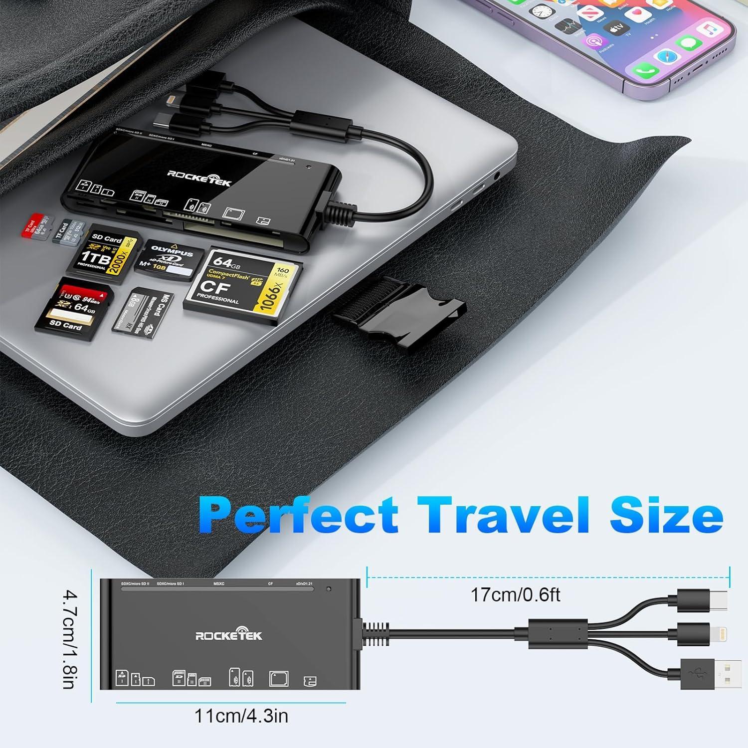 NÖRDIC USB-A, USB-C, Lightning USB3.0 Multi-kortlæser 7 Slot 1xCF, 2xSD, 2xMicroSD, 1xMS, 1xXD UHS-I