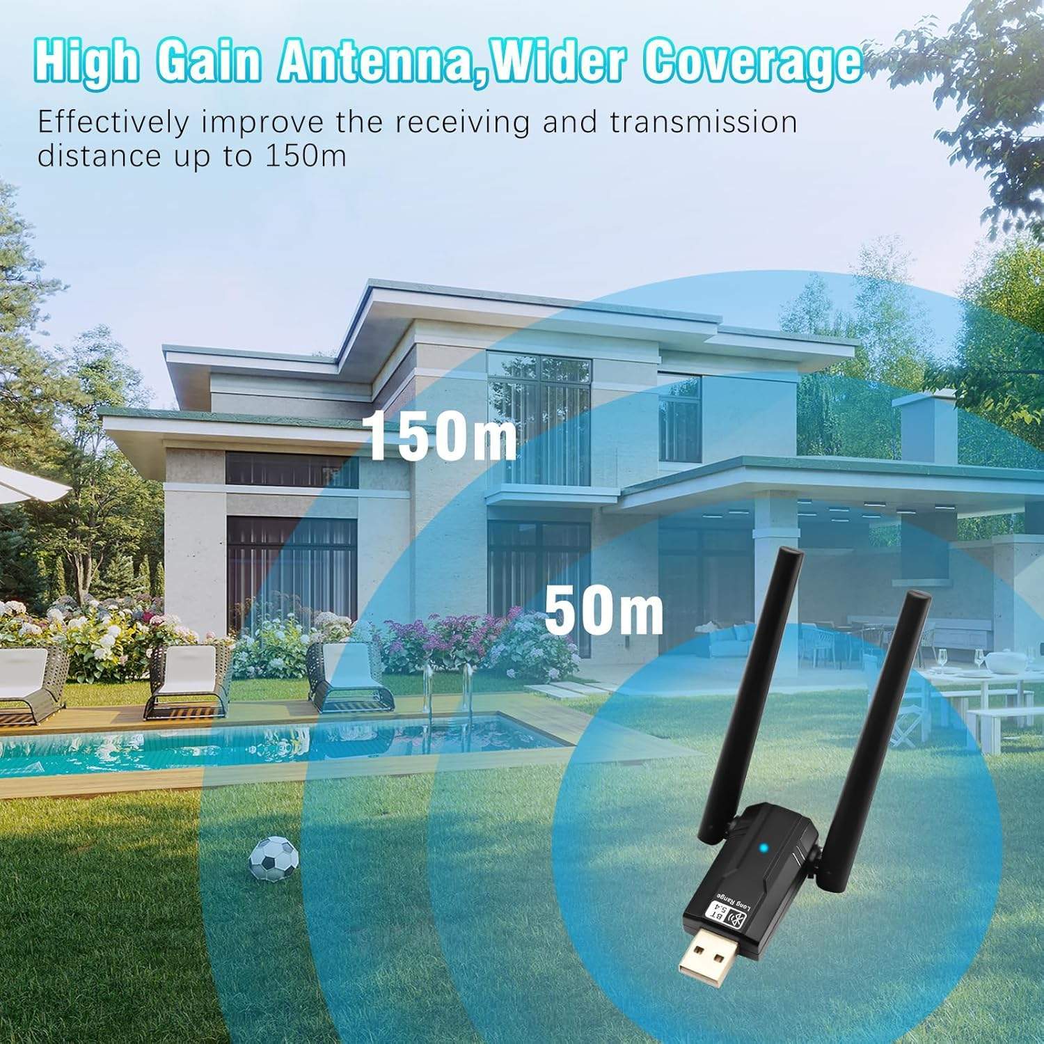 NÖRDIC USB-A langtrækkende Bluetooth 5.4 adapter med 150 meter rækkevidde.