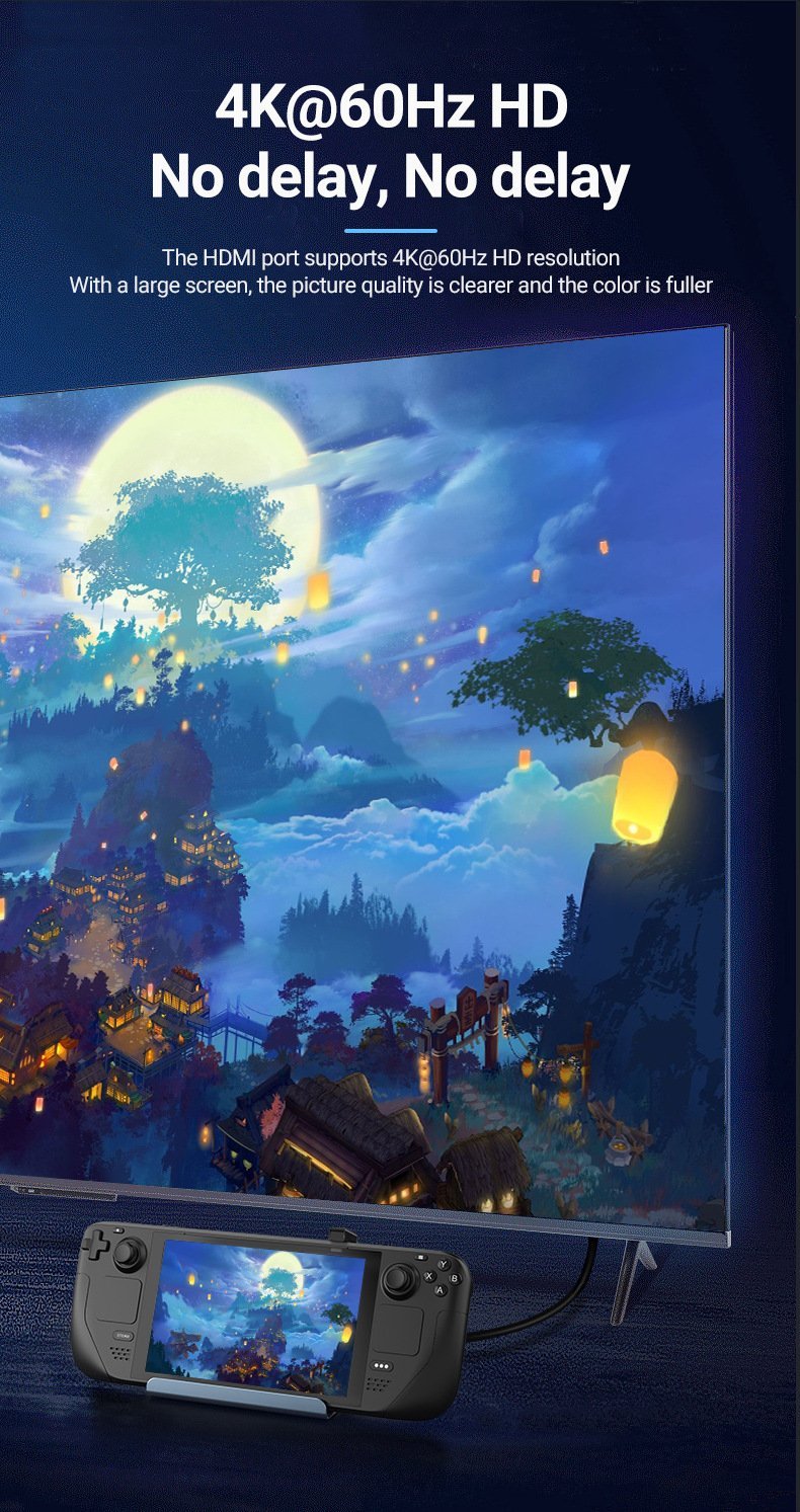 NÖRDIC USB-C 1 til 6 dockingstation til Steam Deck, HDMI 2.0 4k60Hz, RJ45, USB-A 3.0 5 Gbps, 100W USB-C PD