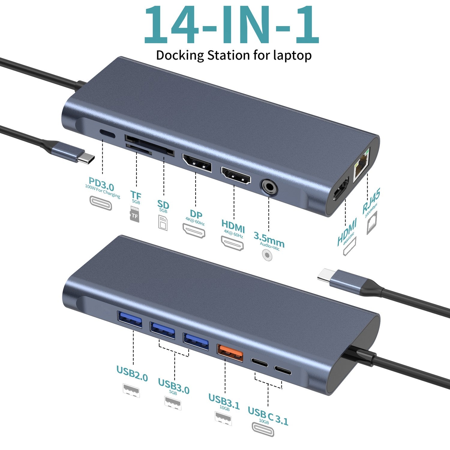 NÖRDIC USB-C 1 til 14 Dockingstation Trippleskærme, 2xHDMI, 1xDP, 1xUSB-C PD 100W, 2xUSB-C, 4xUSB-A, med Ethernet