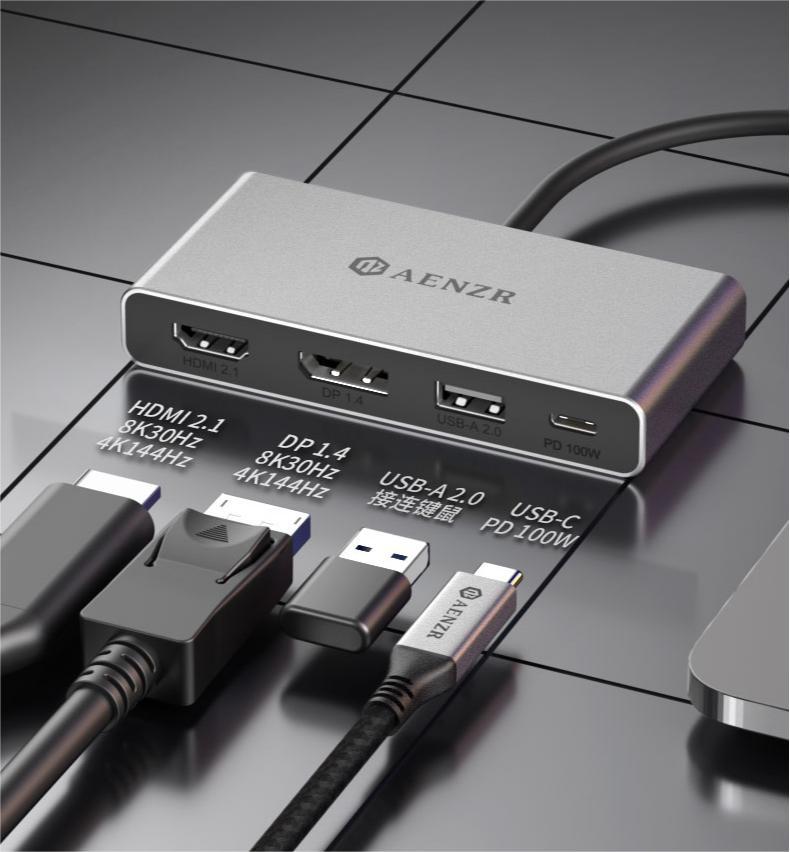 NÖRDIC USB-C 1 til 4 dockingstation 1xDP8K30Hz 1xHDMI8K30Hz 1xUSB-C PD 100W 1xUSB-A 2.0