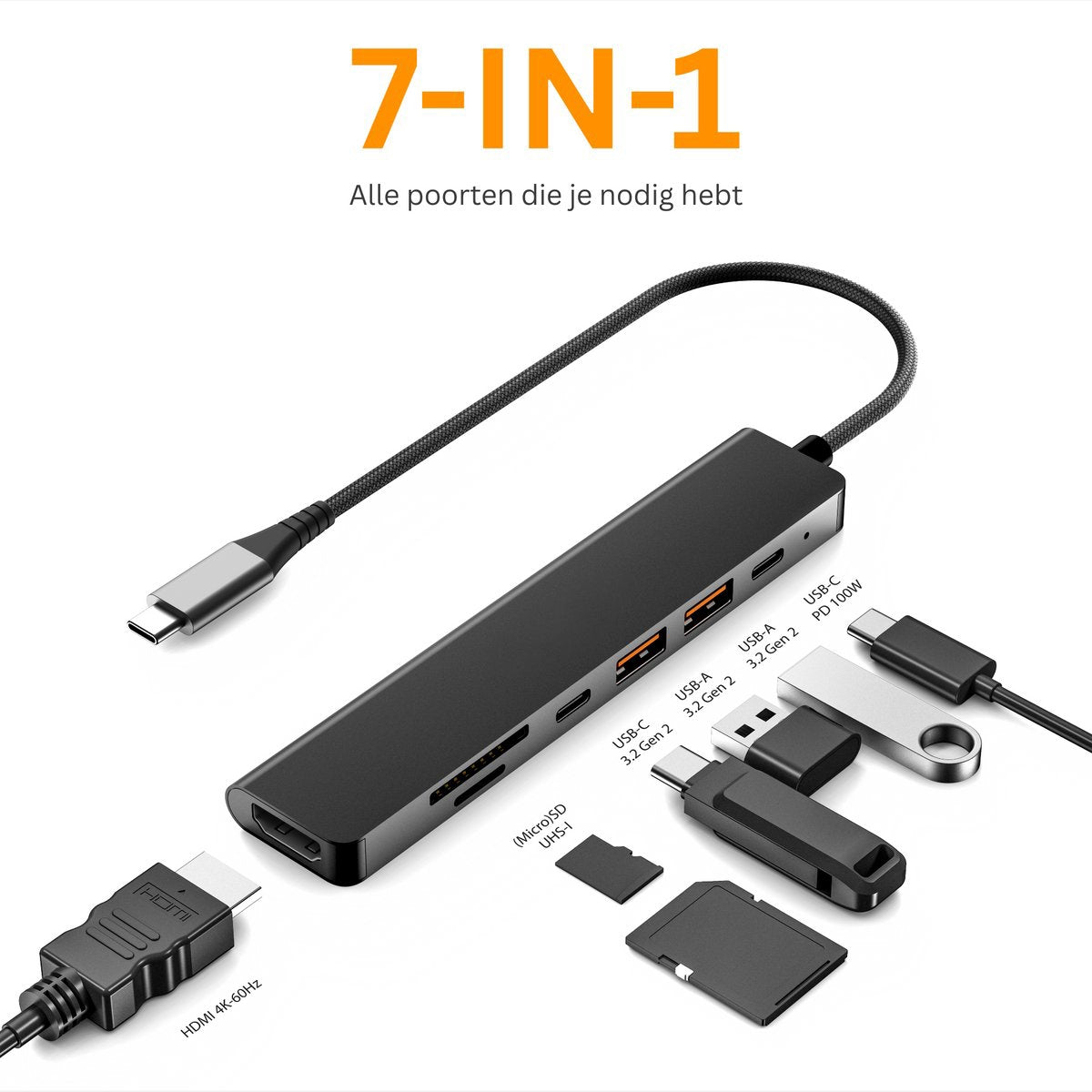 NÖRDIC USB-C 1 til 7 Dockingstation 1xHDMI 4K60Hz 1xUSB-C PD 100W 1xUSB-C 3.2 2xUSB-A 3.2 10G 1xSD 1xMicroSD
