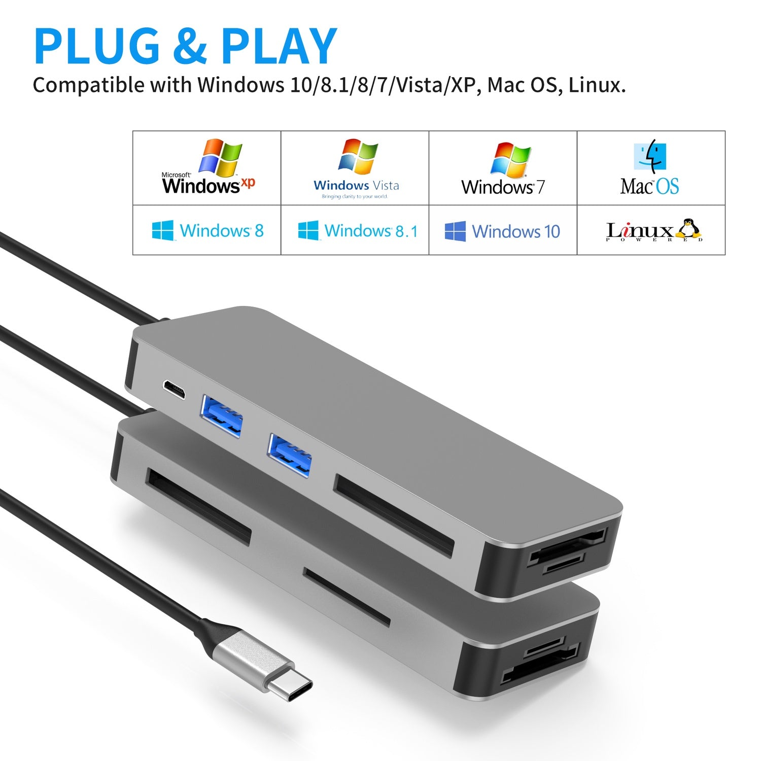 NÖRDIC USB-C Kortlæser 5 Slot CF3.0 SD3.0, MicroSD3.0, MS3.0, XQD3.0, 2xUSB-A 3.0, 1xUSB-C 15W
