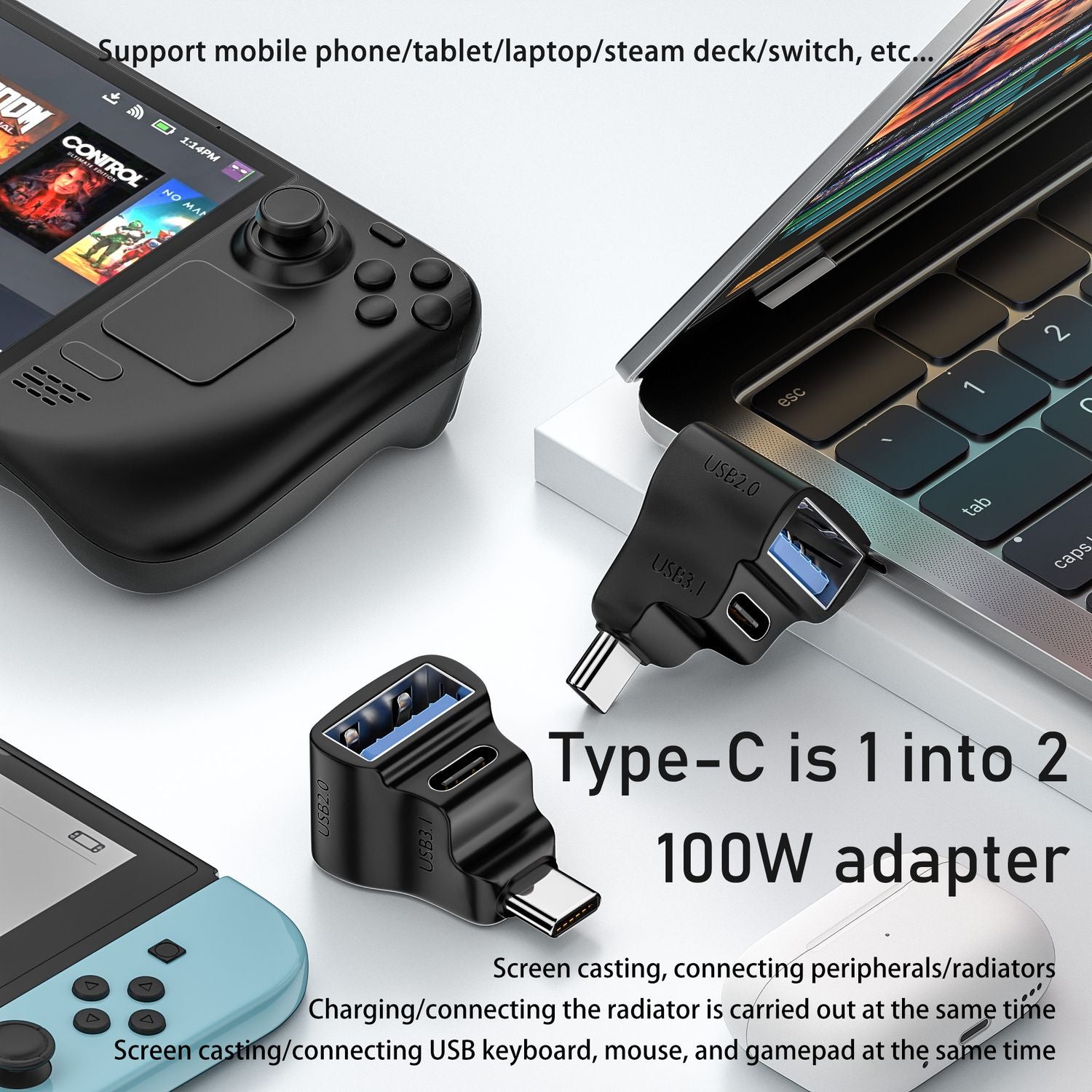 NÖRDIC USB-C Adapter 1 til 2 USB-C 3.1 + USB-A 10Gbps 4K60Hz 100W PD