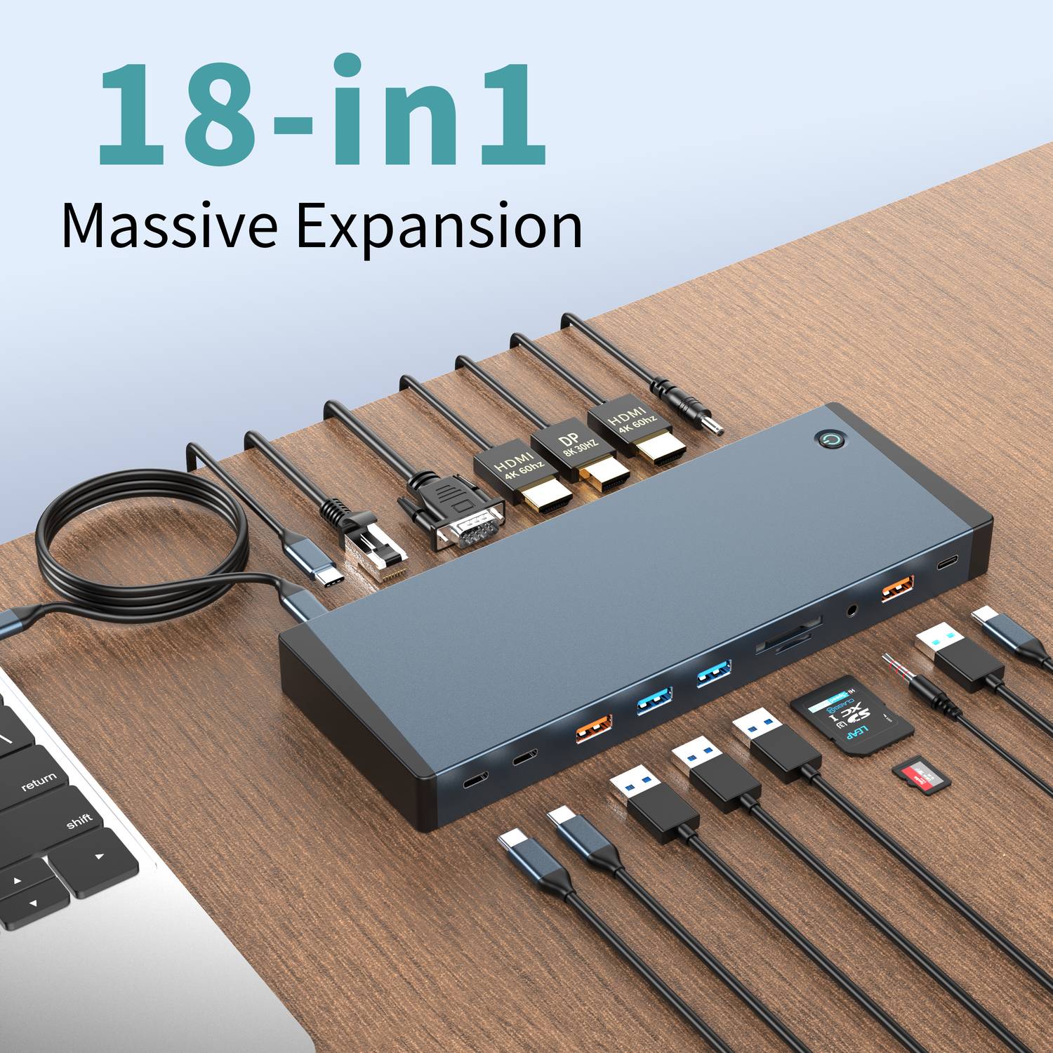 NÖRDIC USB-C Dockningsstation 1 til 18 Fire skærme, 2xHDMI, 1xDP, 1xVGA, 1xUSB-C PD 100W, 1xUSB-C QC, 2xUSB-C, 1xUSB-A QC3.0, 3xUSB-A, 1xGigaLAN