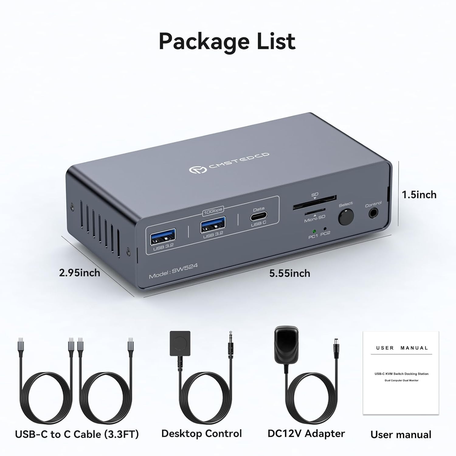 NÖRDIC USB-C Dockingstation med KVM-switch 2 PC 2 skærme 4K60Hz HDMI EDID 12-i-1 Gigabit Ethernet, kortlæser, 5xUSB-A og USB-C