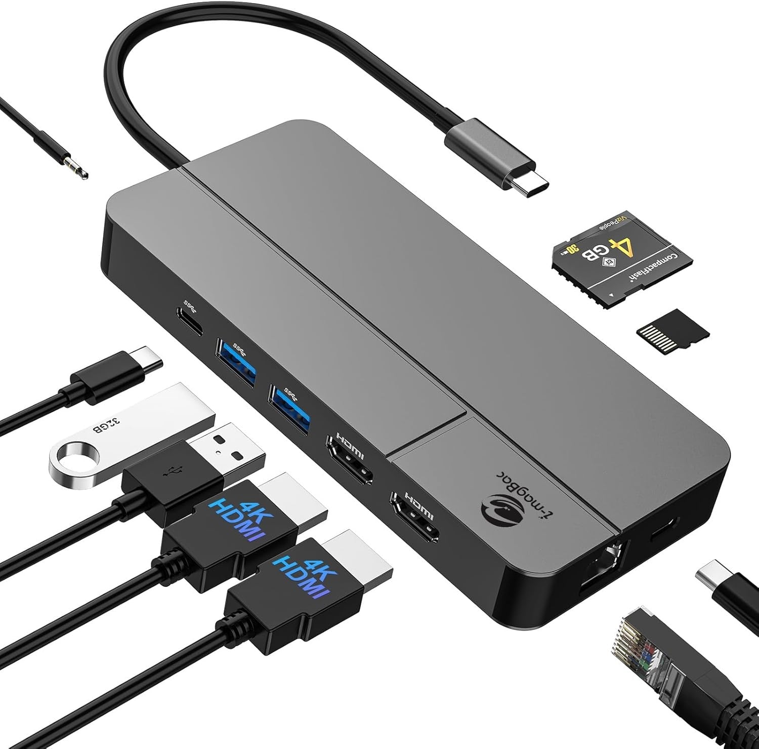 NÖRDIC USB-C Dockingstation 1 til 10 med 2xHDMI 4K60Hz 1xPD100W 1xRJ45 GigaLan 1xSD/MicroSD 2xUSB-A 1xUSB-C 1xAudio understøtter MacBook M1, M2, M3, og M4