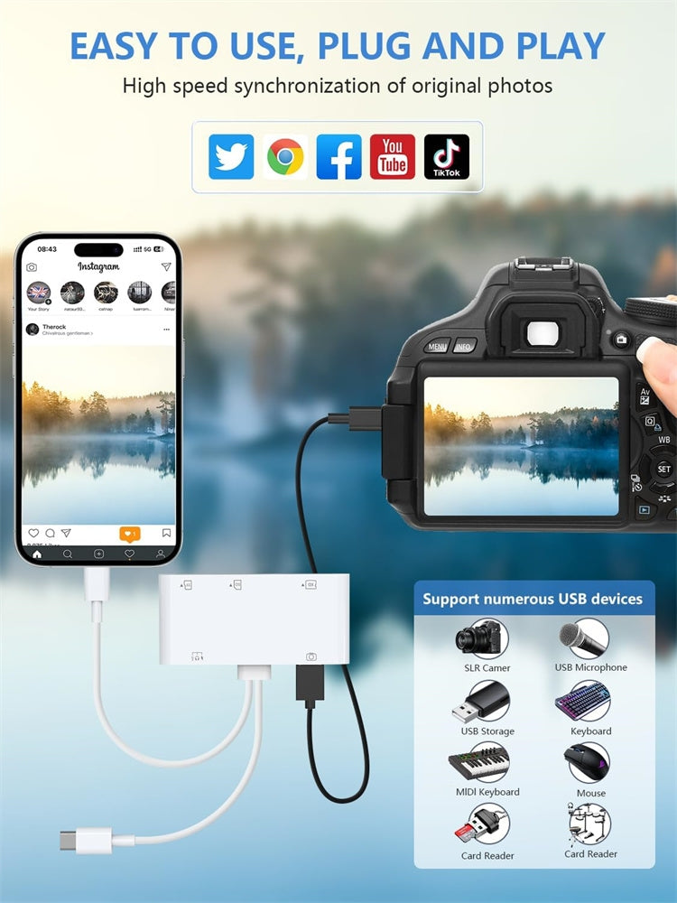 NÖRDIC USB-C/Lightning Kortlæser 5 Slots CF, SD, MicroSD, MS, XD 1xUSB-A 1xUSB-C UHS-I