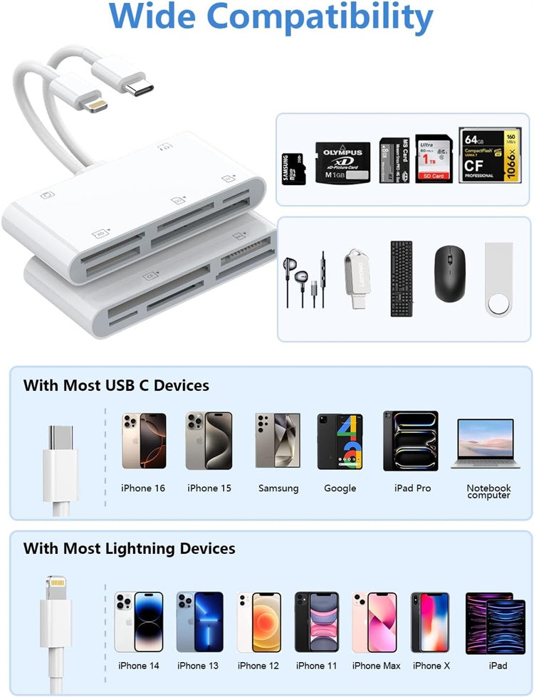 NÖRDIC USB-C/Lightning Kortlæser 5 Slots CF, SD, MicroSD, MS, XD 1xUSB-A 1xUSB-C UHS-I