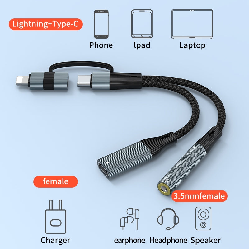 NÖRDIC USB-C+Lightning til lyd 3,5mm PD60W USB-C 15cm