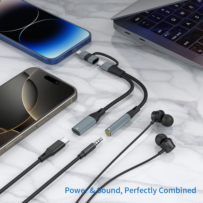 NÖRDIC USB-C+Lightning til lyd 3,5mm PD60W USB-C 15cm