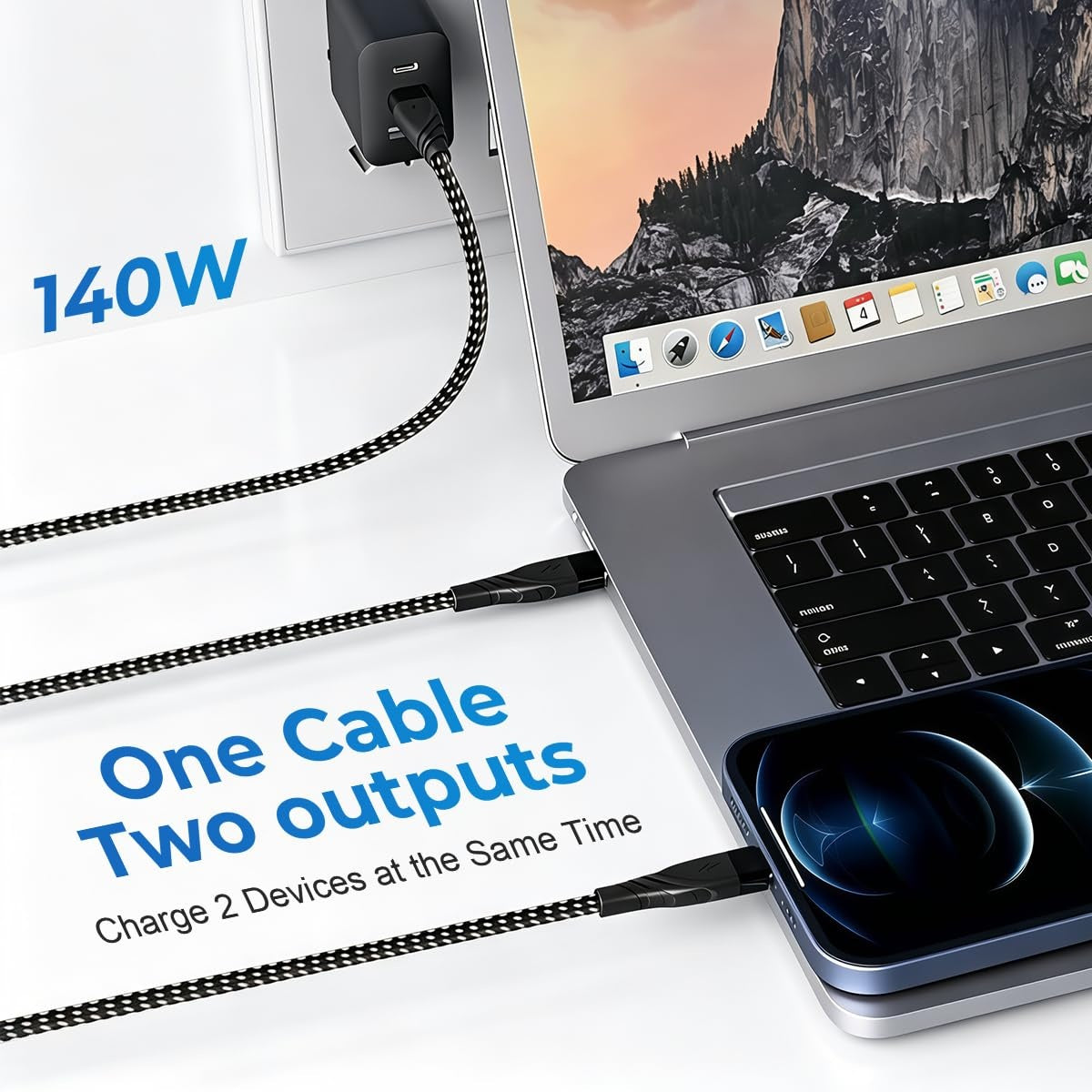 NÖRDIC USB-C Y Cable PD 140W Fast Charging with 1 to 2 USB C Splitter 1.2m