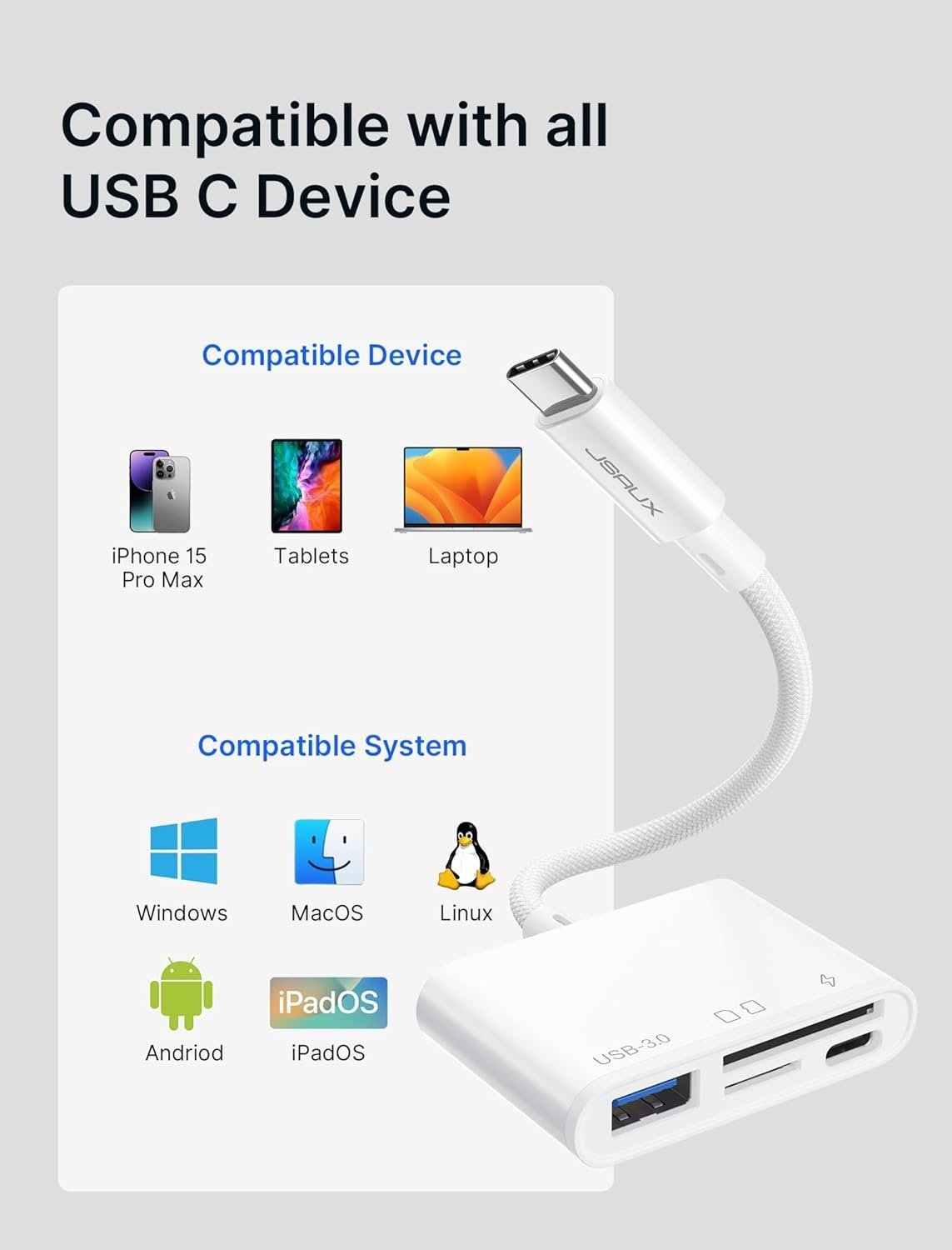 NÖRDIC USB-C kortlæser 2 slot SD, MicroSD 1xUSB-A 1xUSB-C UHS-I