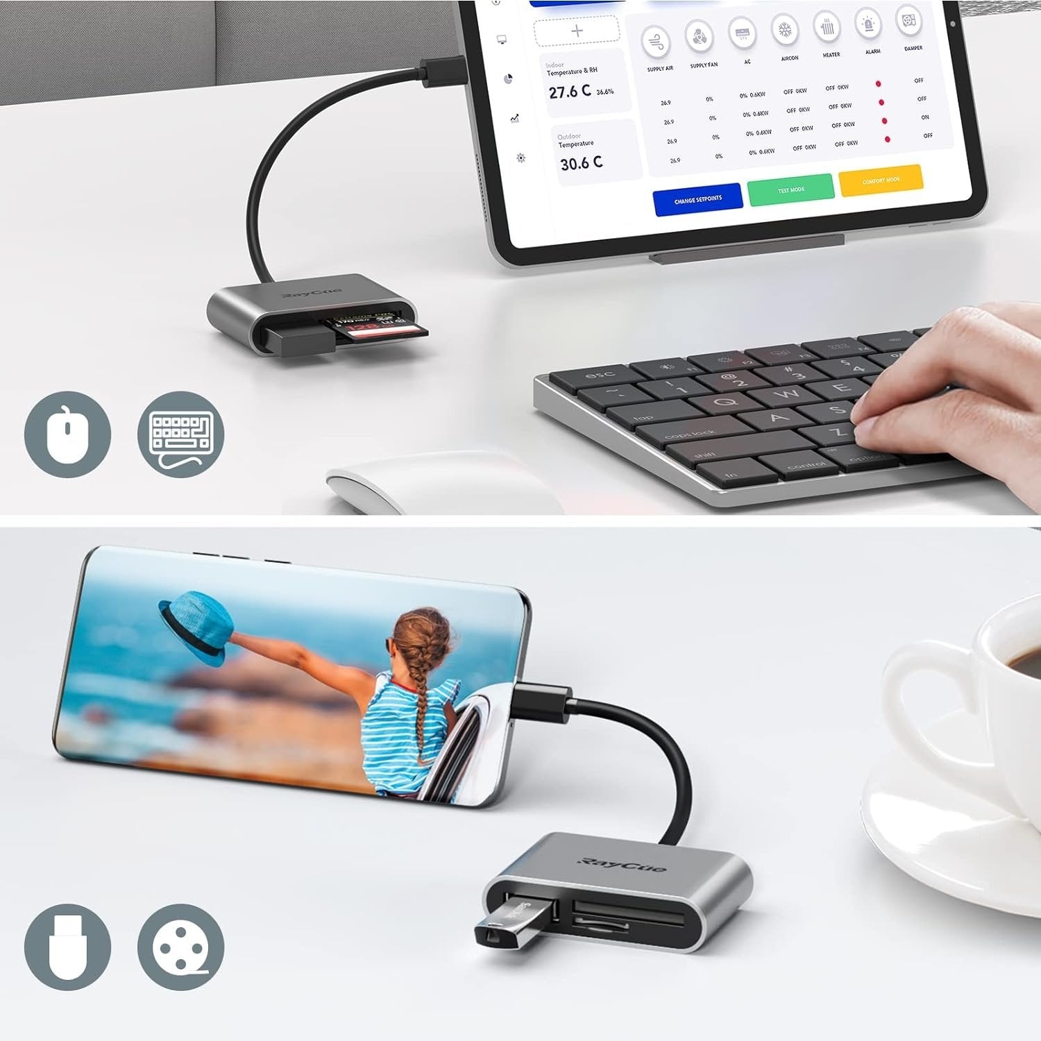 NÖRDIC USB-C kortlæser 2 slot SD, MicroSD, 1xUSB-A UHS-I