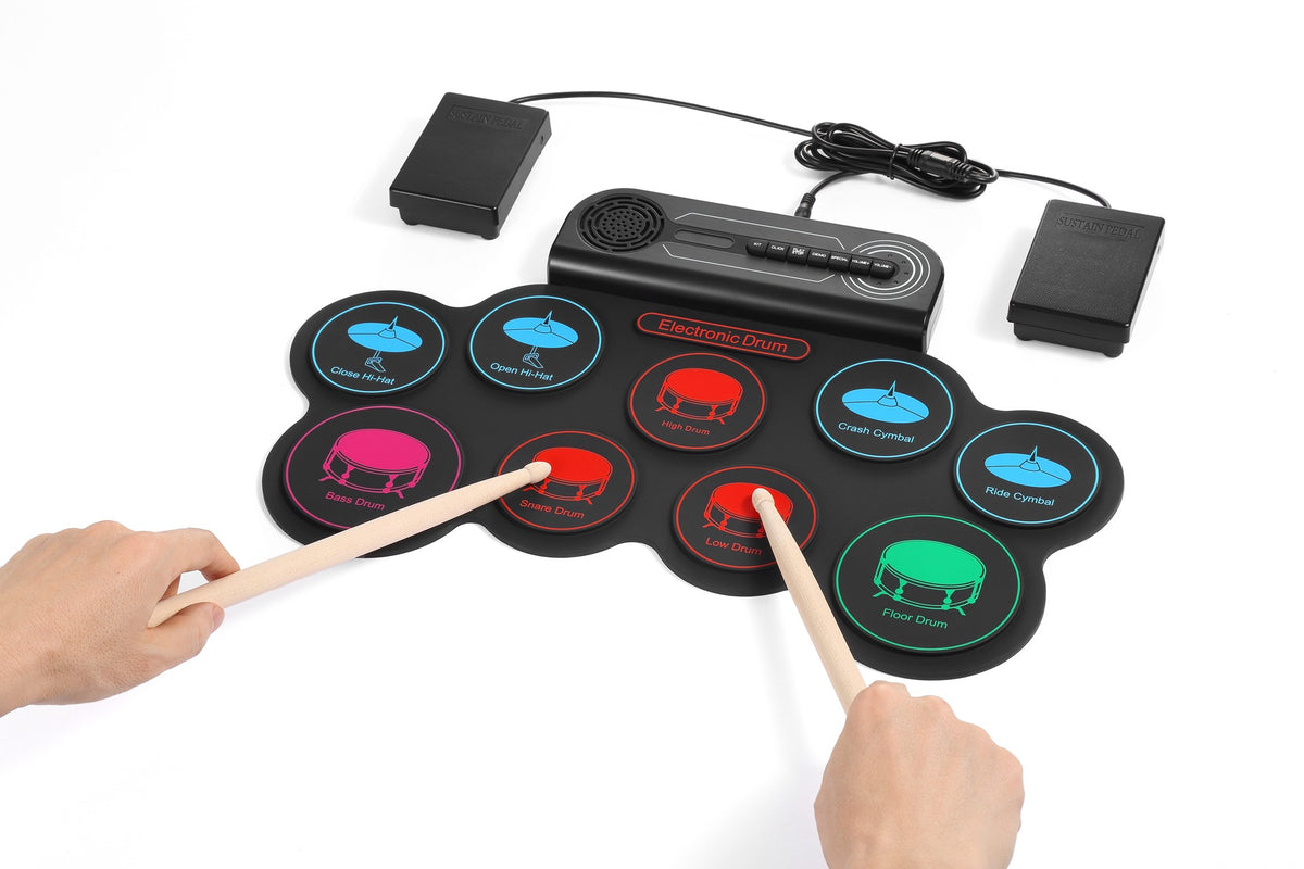 NÖRDIC USB MIDI Electronic Portable Drum Roll Up Pad 9 Pad Built in Speaker Headphone Jack Dual Pedals
