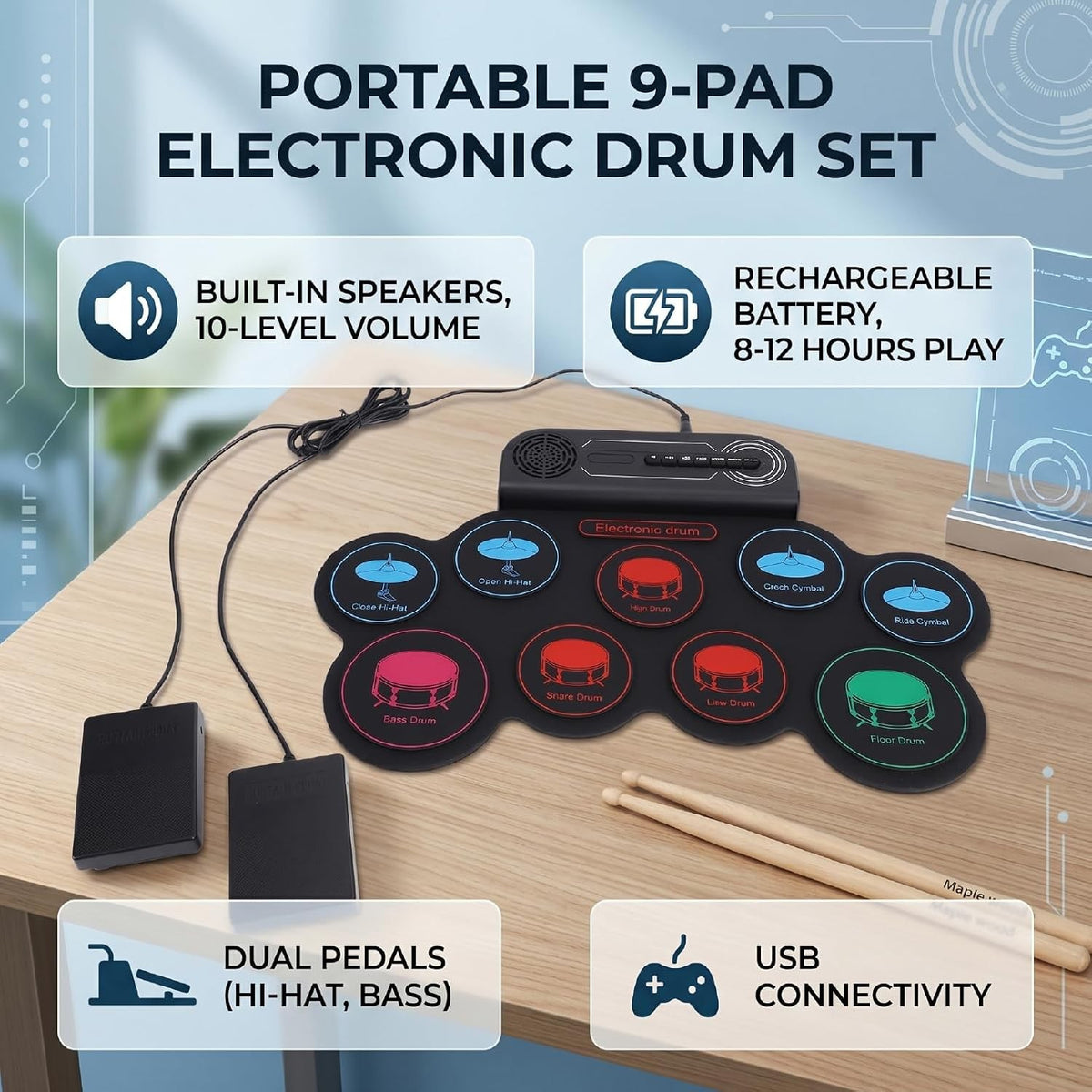 NÖRDIC USB MIDI Electronic Portable Drum Roll Up Pad 9 Pad Built in Speaker Headphone Jack Dual Pedals