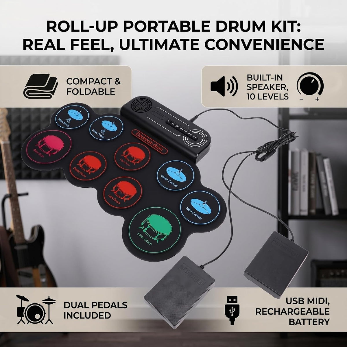 NÖRDIC USB MIDI Electronic Portable Drum Roll Up Pad 9 Pad Built in Speaker Headphone Jack Dual Pedals