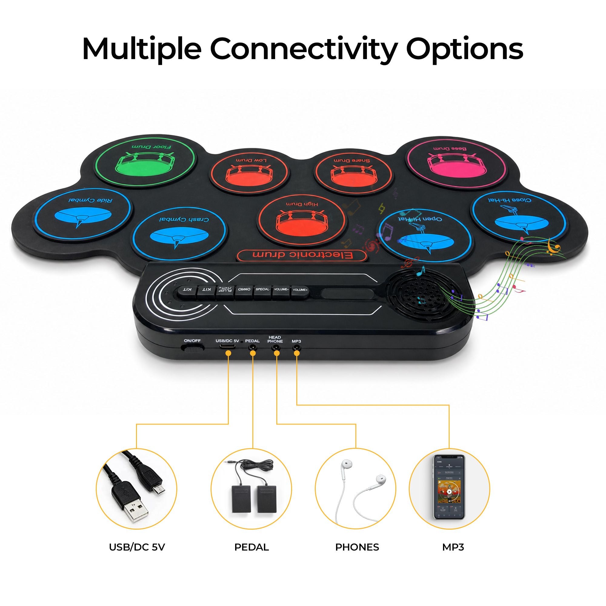 NÖRDIC USB MIDI Electronic Portable Drum Roll Up Pad 9 Pad Built in Speaker Headphone Jack Dual Pedals
