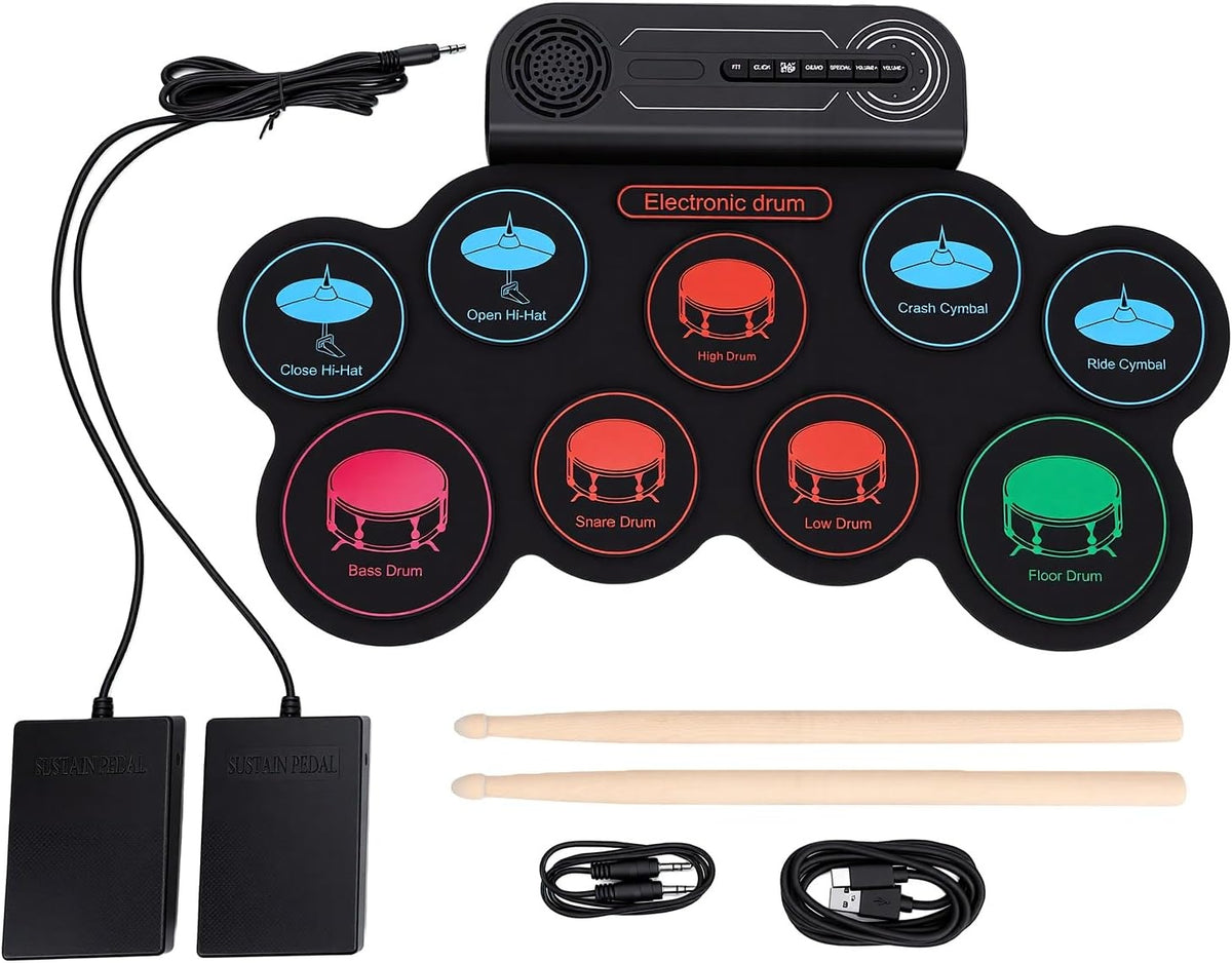 NÖRDIC USB MIDI Electronic Portable Drum Roll Up Pad 9 Pad Built in Speaker Headphone Jack Dual Pedals