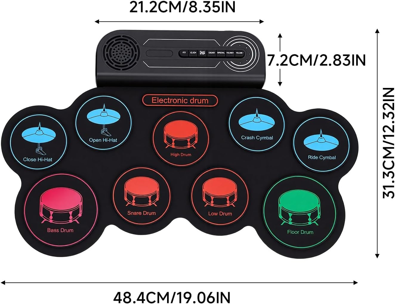 NÖRDIC USB MIDI Electronic Portable Drum Roll Up Pad 9 Pad Built in Speaker Headphone Jack Dual Pedals