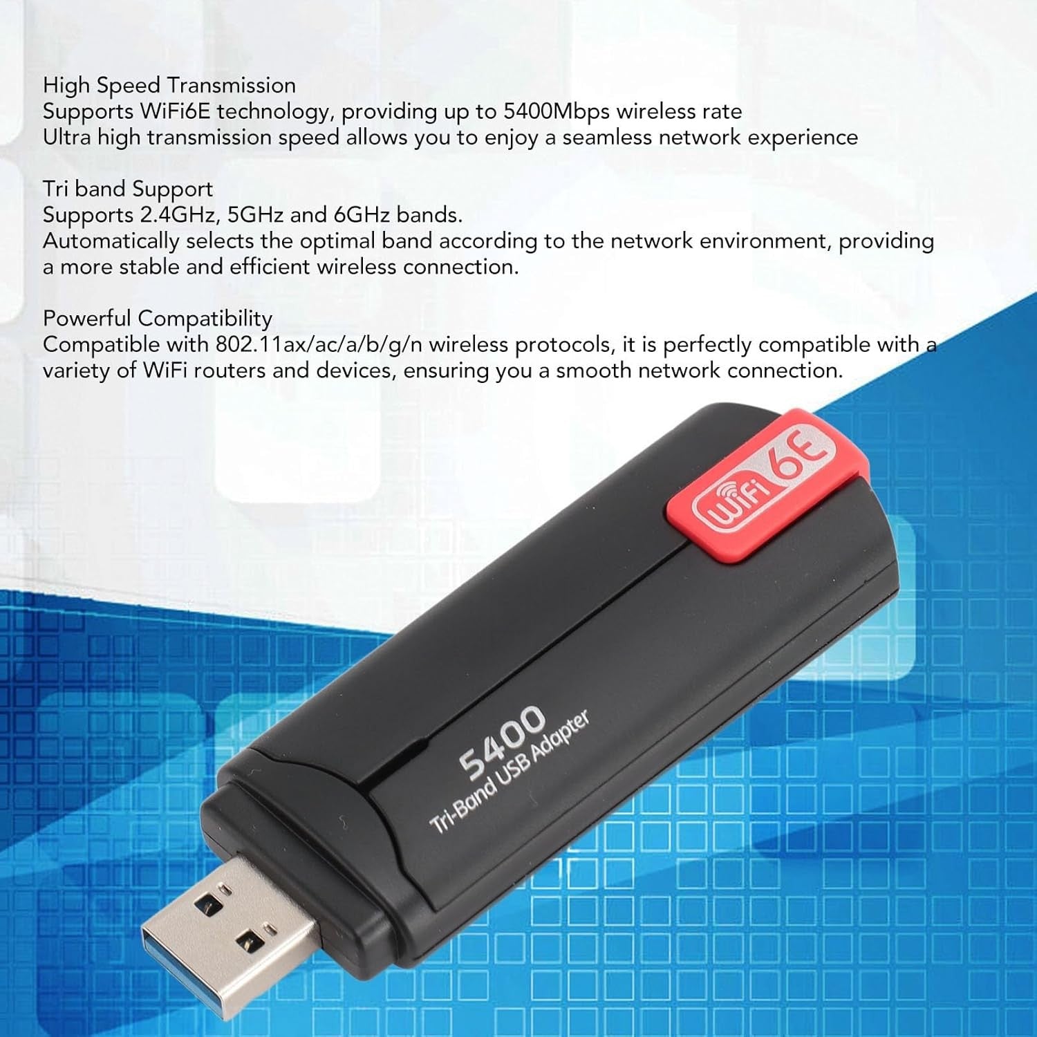 NÖRDIC USB-A WiFi-adapter, 5400 Mbps højhastighed stabil USB3.0 trådløs netværksadapter WiFi 6E, bærbar til stationær computer