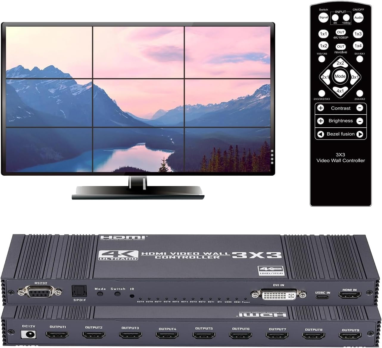 NÖRDIC Video Wall Controller 3x3, TV Wall Processor, 4K@30Hz HDMI Multi-Screen Splicing Processor with HDMI+DVI+USB C Input