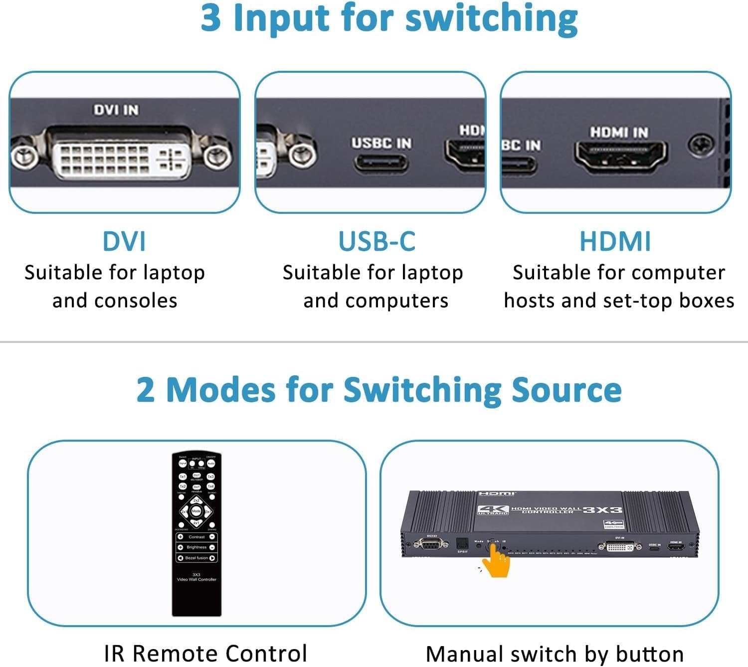 NÖRDIC Video Wall Controller 3x3, TV Wall Processor, 4K@30Hz HDMI Multi-Screen Splicing Processor with HDMI+DVI+USB C Input