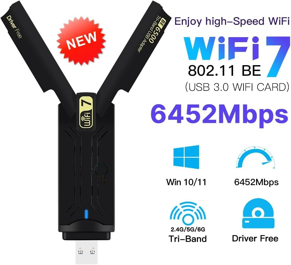 NÖRDIC WiFi 7 USB 3.0 trådløs adapter med tri-band og høj hastighed til stationære og bærbare computere, Windows 10/11, Plug & Play