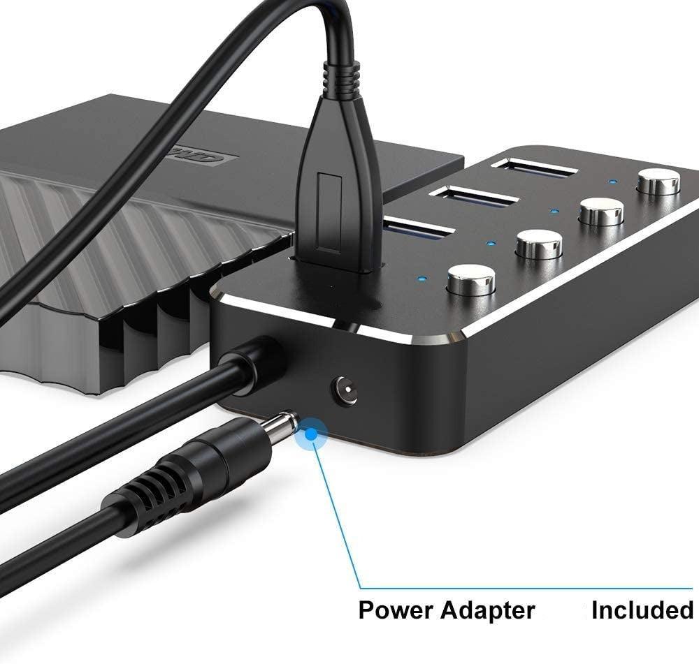 NÖRDIC drevet 4-ports hub USB 3.0 5Gbps med individuell bryter 25 cm kabel aluminium svart med strømforsyning