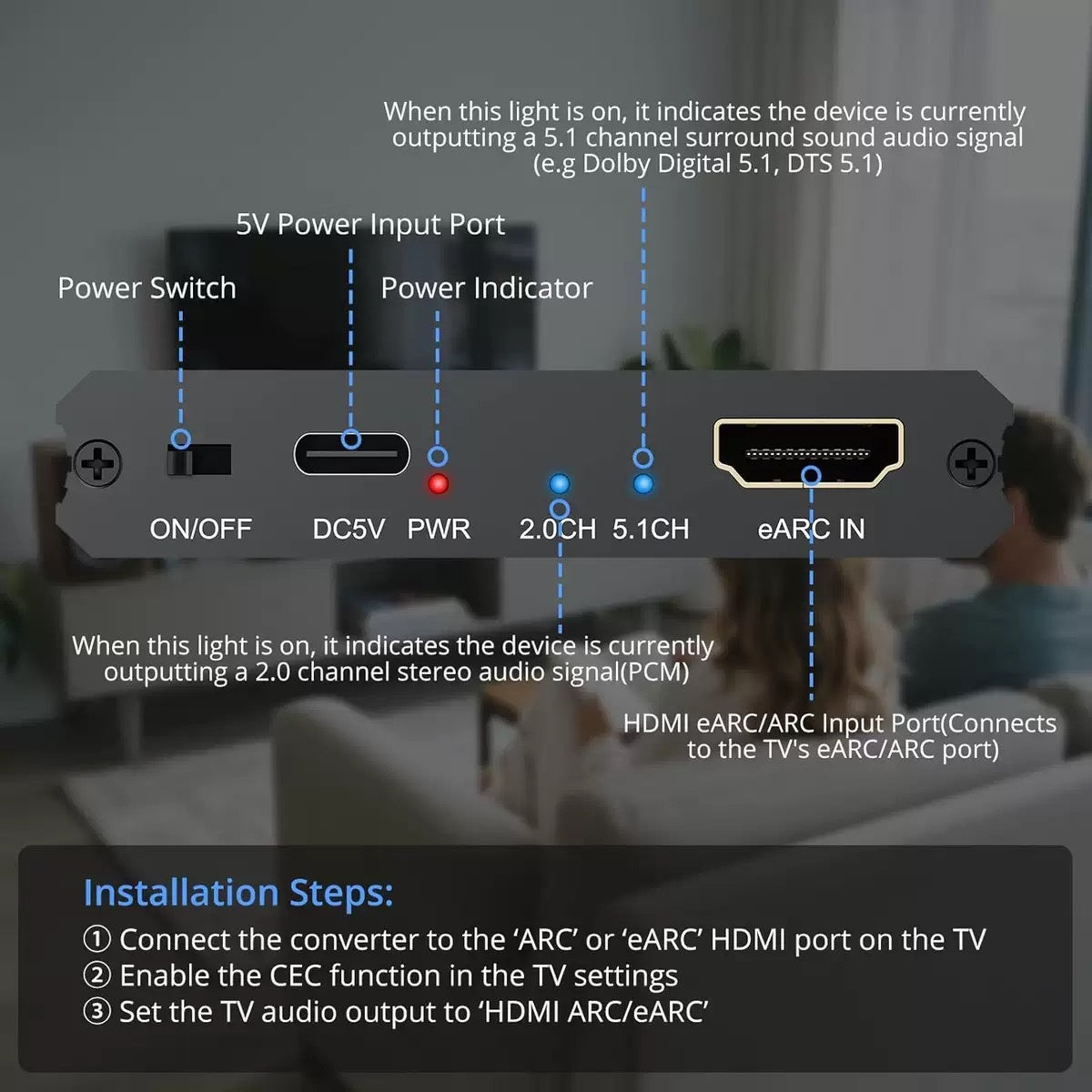 NÖRDIC eARC/ARC to Optical and RCA Audio Extractor, Supports 5.1/2.0 Channel Sound with Power Indicator