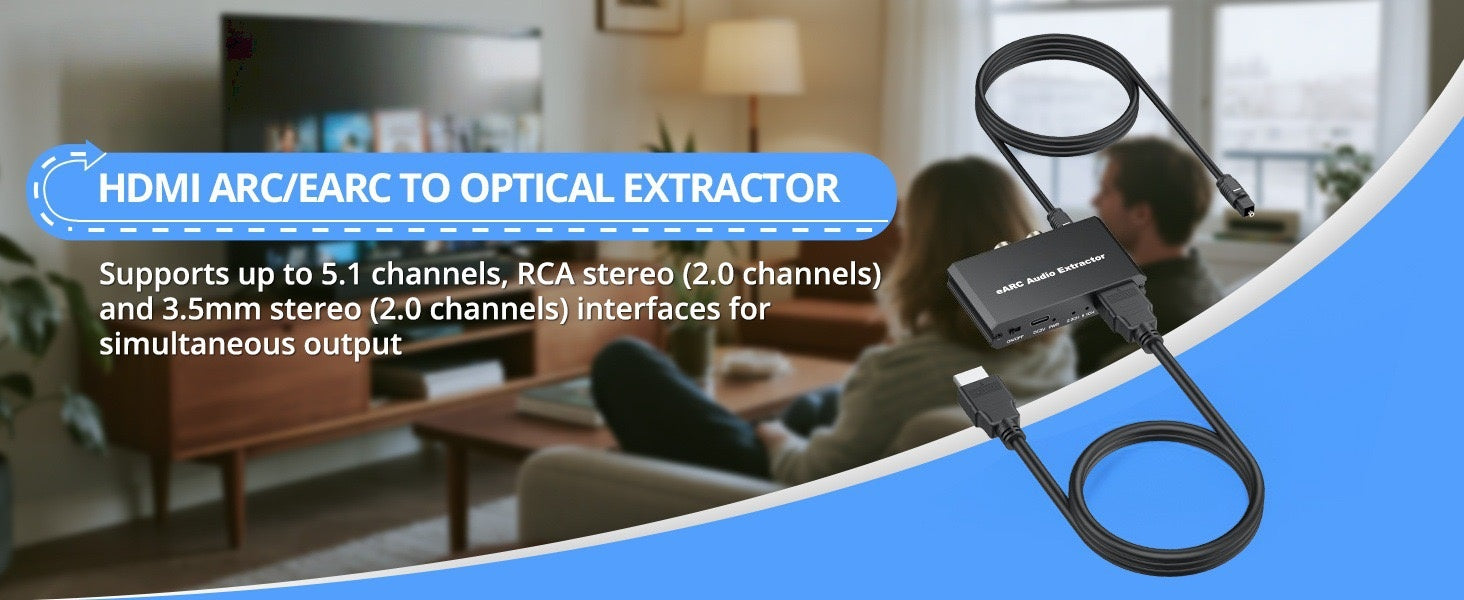 NÖRDIC eARC/ARC to Optical and RCA Audio Extractor, Supports 5.1/2.0 Channel Sound with Power Indicator